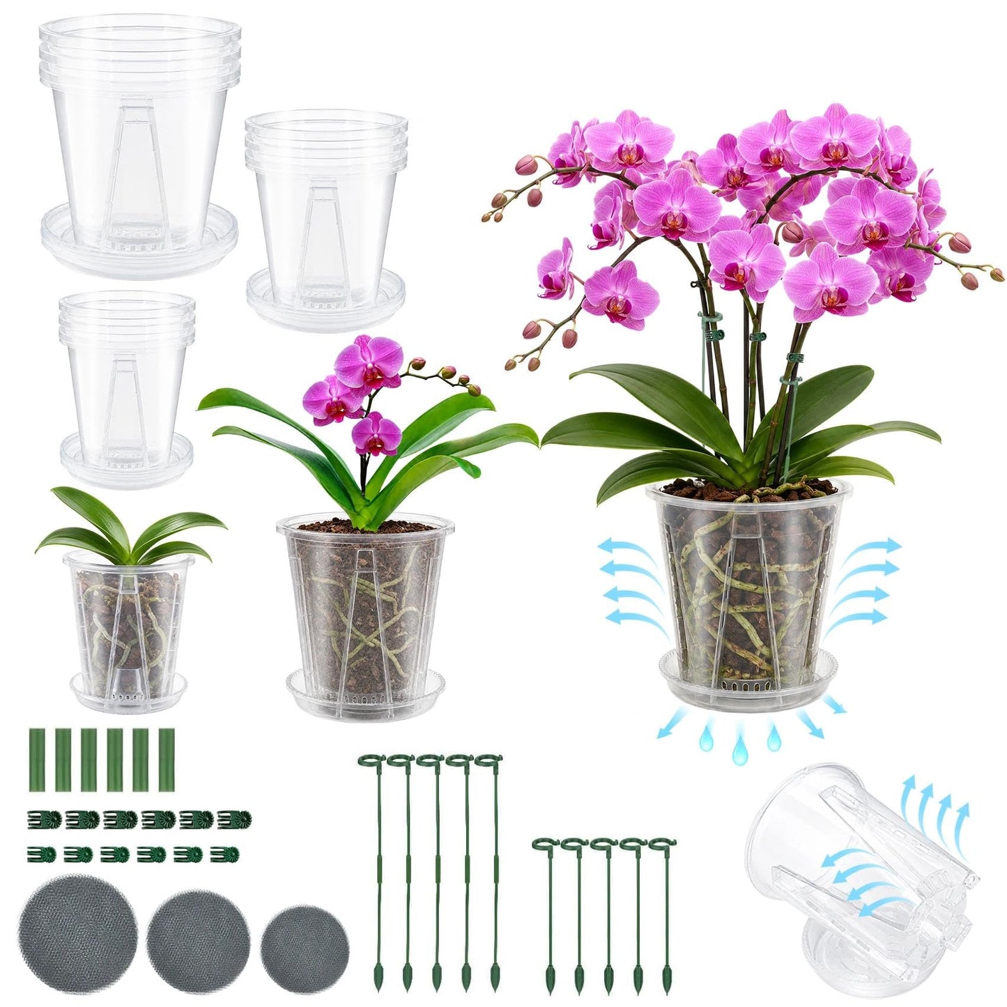 LINBLIF Clear Orchid Pots with Drainage Holes Set, 12 Pack 4,5,6 Inch Plastic Nursery Pots with Saucers, Orchid Repotting Kit with Mesh Screens, Stakes and Clips for Indoor Plants (4 in +5 in + 6 in)