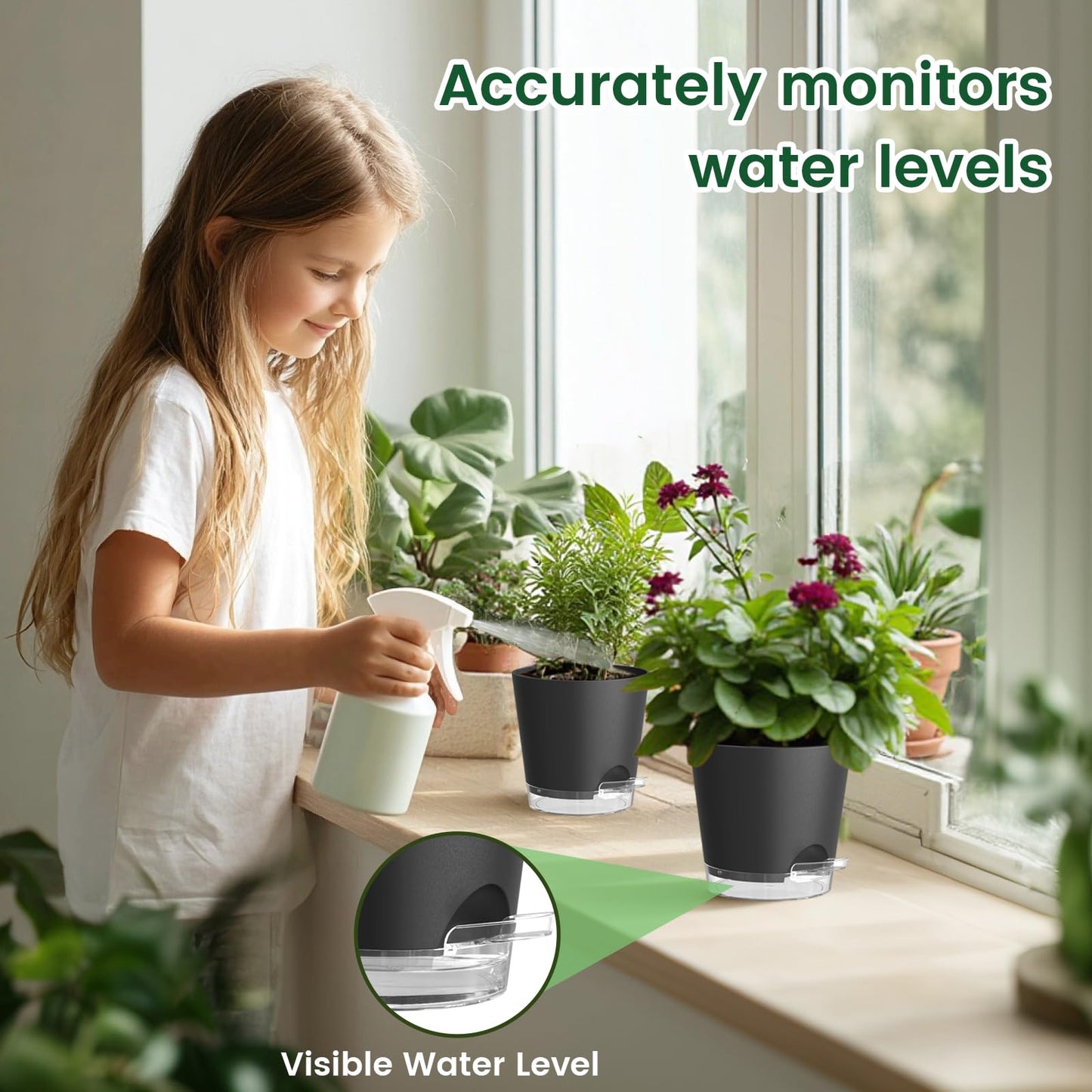Meowell 6 inch Self Watering Pots for Indoor Outdoor Plants, 6 Pack Flower Plant Pots with Drainage Holes and Clear Reservoirs, Visible Water Level, Plastic Planters with Wicking Rope, Black