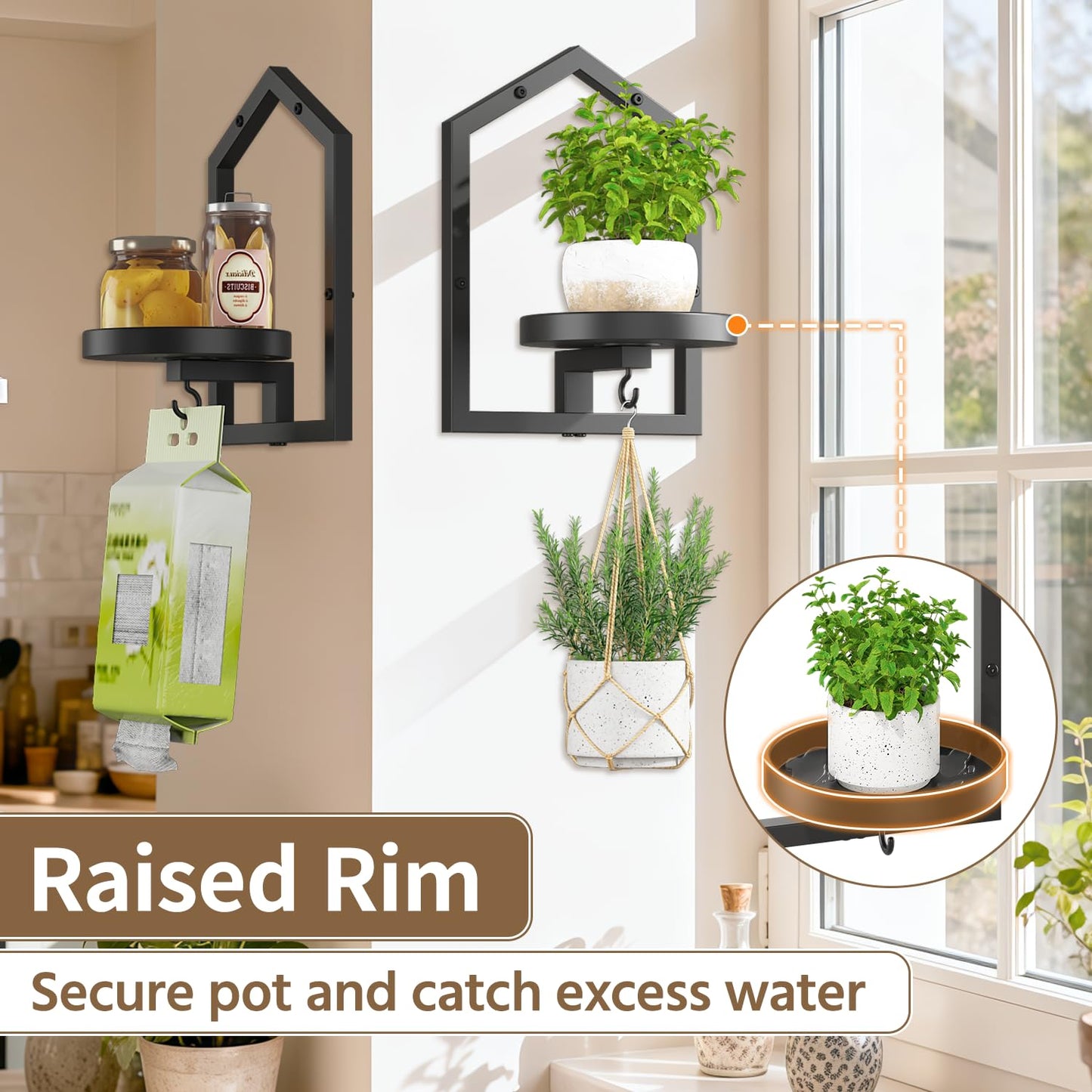 LASZOLA 3 Pcs Black Wall Mount Plant Shelves with Hangers for Indoor Flower, Heavy Duty Metal Window Floating Planter Holders Stand, Iron Modern Picture Frame Decorative for Bathroom Kitchen with Hook