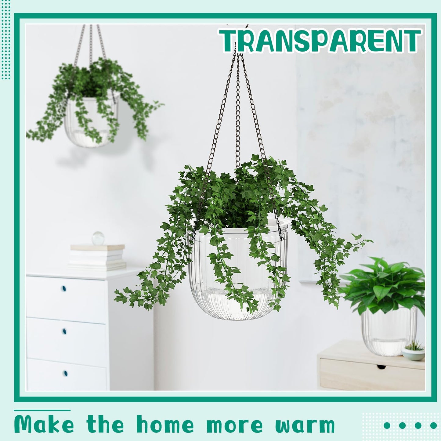 Meanplan 4 Pcs Self Watering Hanging Planter Indoor 6.5 Inch Hanging Baskets for Plants Outdoor Plastic Flower Pot with 3 Hooks Chains Drainage Holes for Garden Home, Medium Size(Clear)
