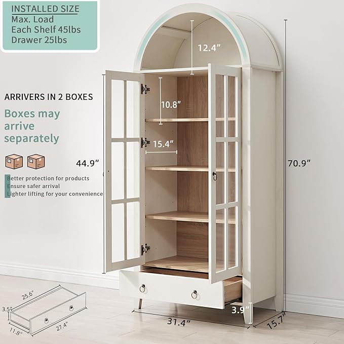 Farmhouse Arched Cabinet with Glass Doors, Wood Display Cabinet with Drawer and