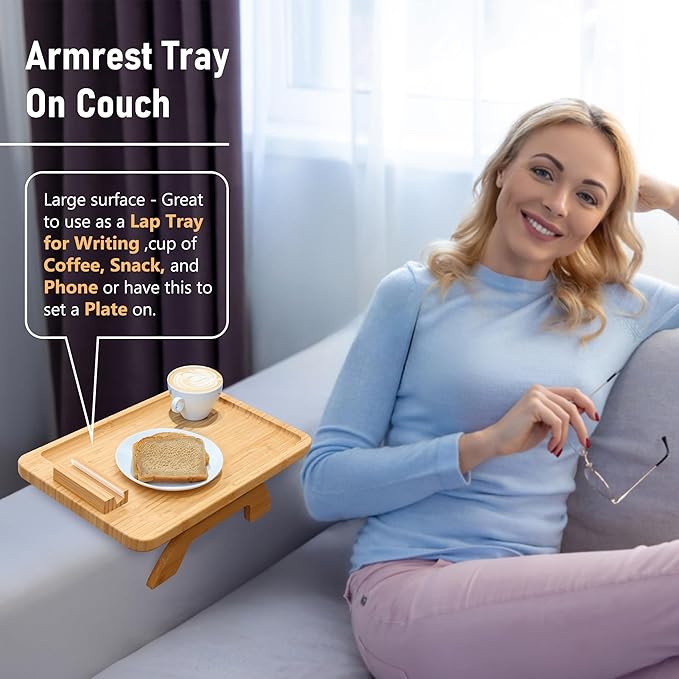 SINWANT Couch Arm Tray, Bamboo Sofa Clip on Side Table, Foldable Couch Armrest