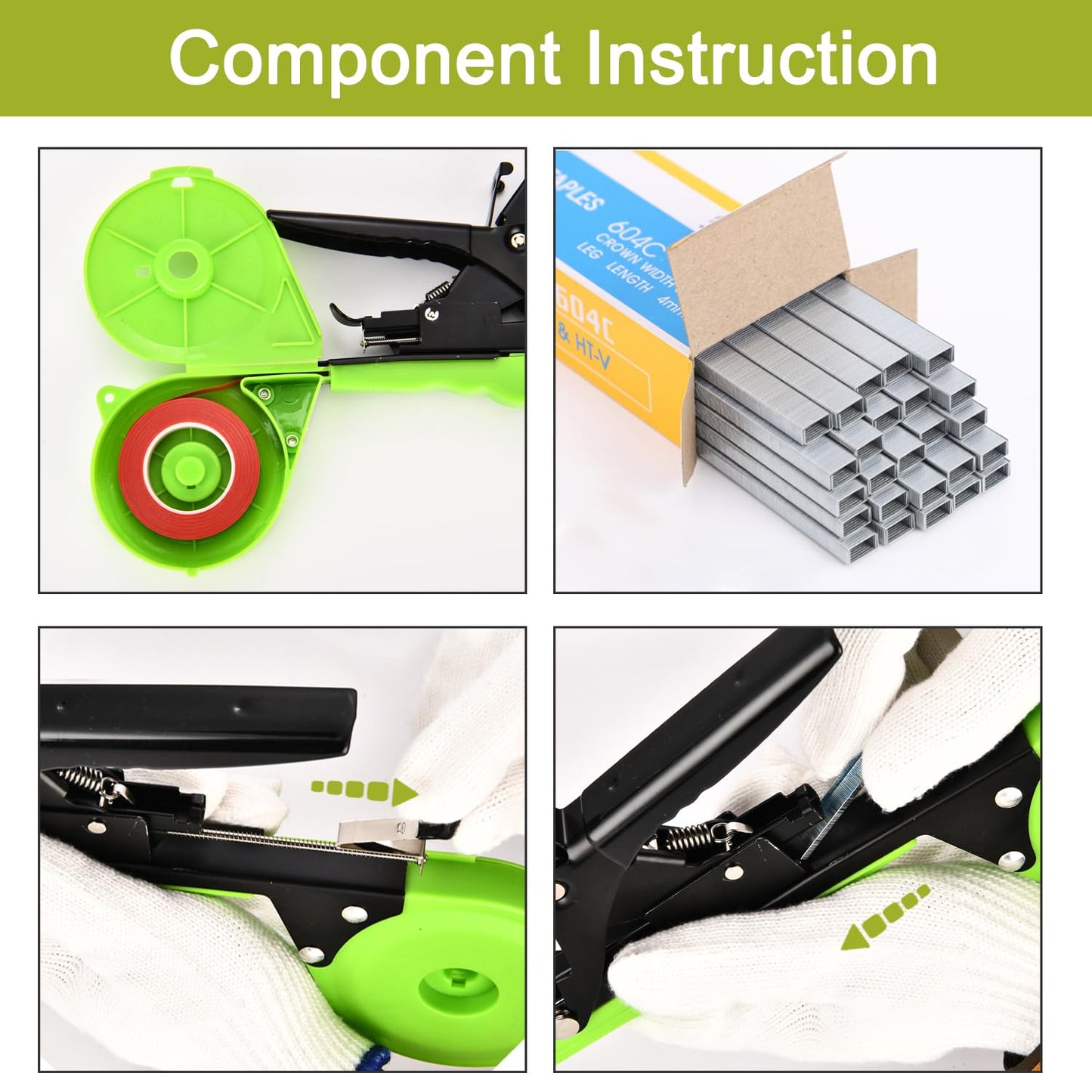 SUCA Plant Tying Machine, Plant Tape Cattle Panels for Garden,Plant Vine Tying Tool with 10000pcs Staples 21 Rolls Tape Plant Tape Gun for Grapes,Tapener (tapetool set1pcs), Green