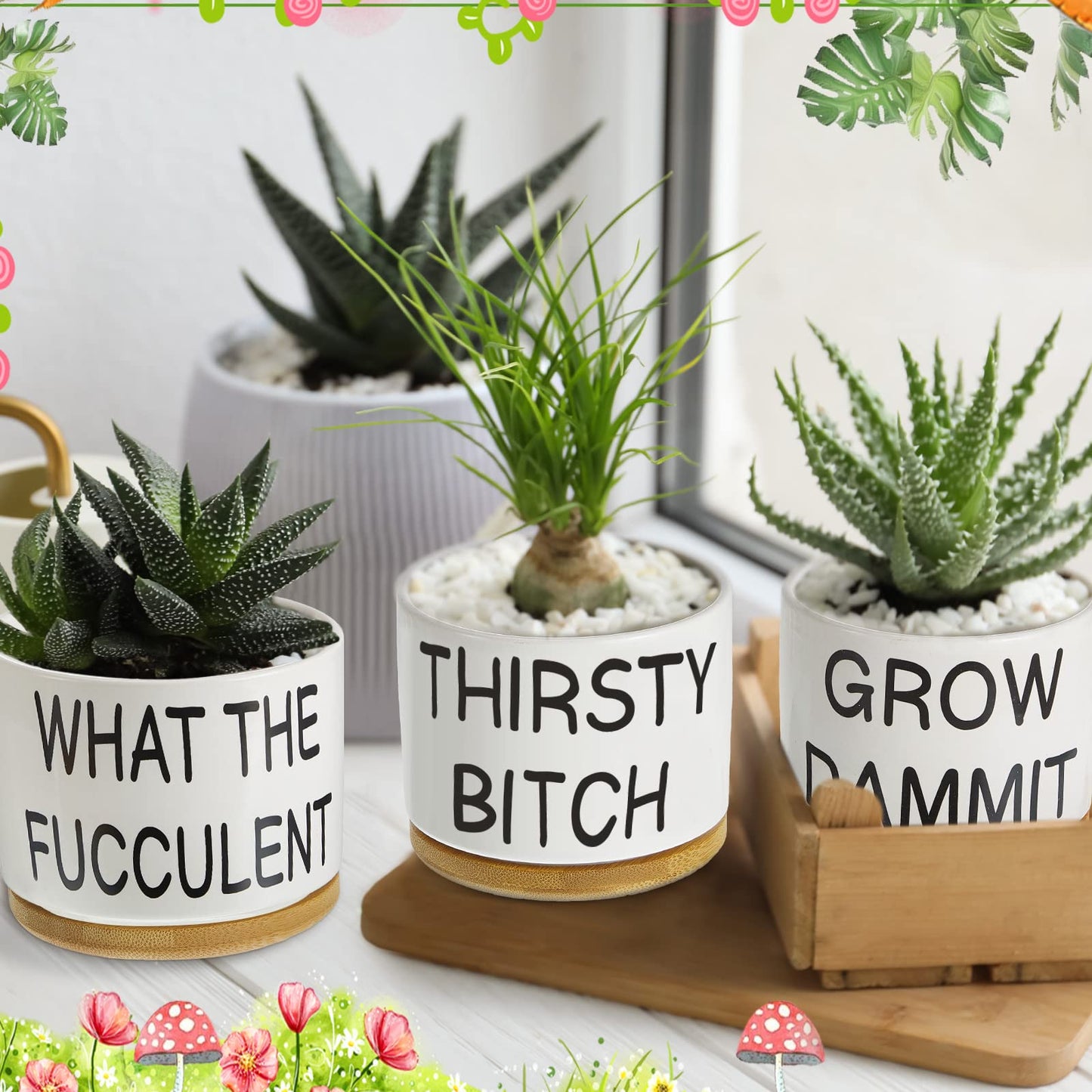 Suclain 6 Set Succulent Flower Cactus Planter Gifts Plant Cactus Flower Ceramic Funny Planter Pots Succulent Planters with Drainage Hole and Bamboo Saucers for Women Men Party Favor