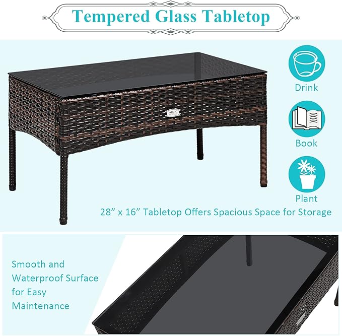 Tangkula 3 Pieces Patio Conversation Set, Outdoor PE Rattan Wicker Furniture