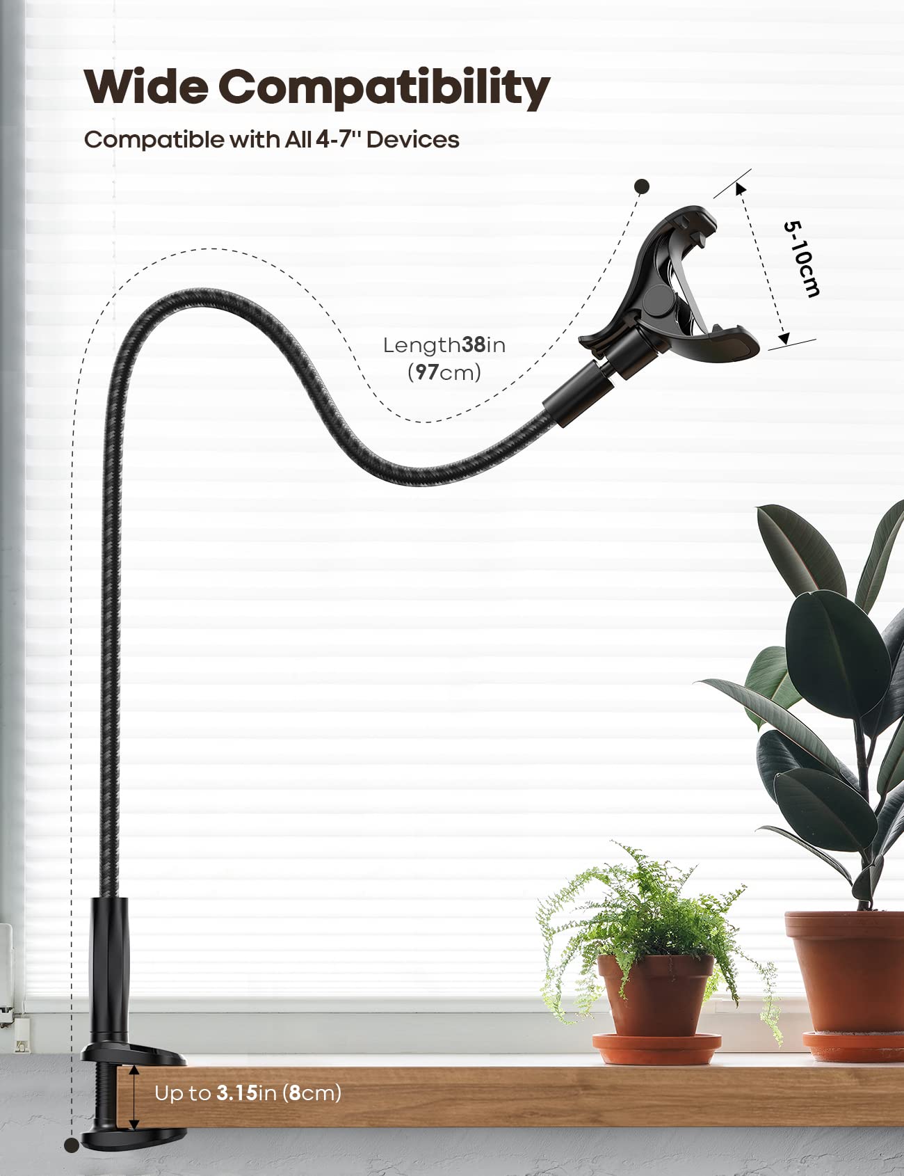 Lamicall Gooseneck Phone Holder Bed - [Nylon Braided] Flexible Arm, 38inch Overall Length, 360 Adjustable Clamp Clip, Overhead Cell Phone Mount Stand for Bed, Desk, 4-7” Cellphone, Gifts