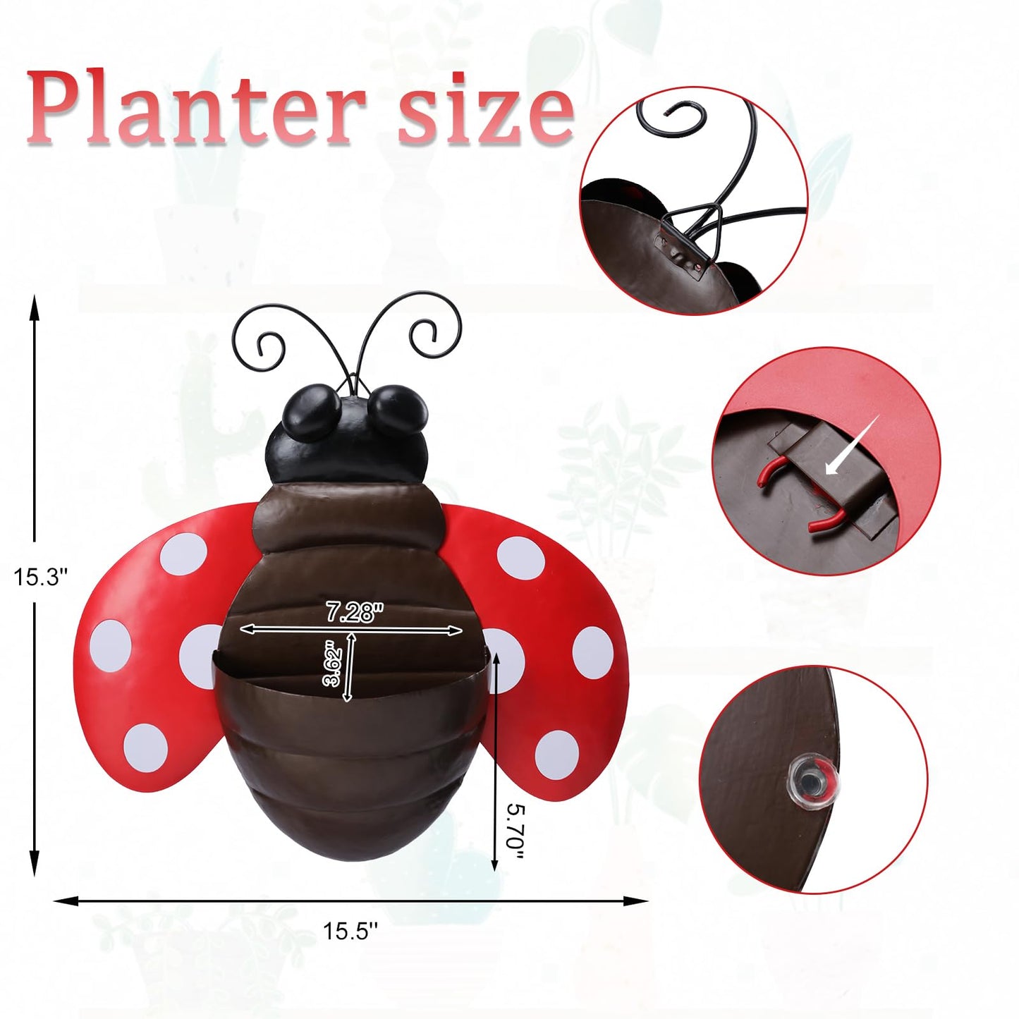 Chonsun Metal Wall Planter Ladybug Wall Mounted Planters Small Flower Pot with Drainage for Indoor Outdoor Farmhouse Hanging Planter Succulent Plant Container Vertical Garden Yard Decor