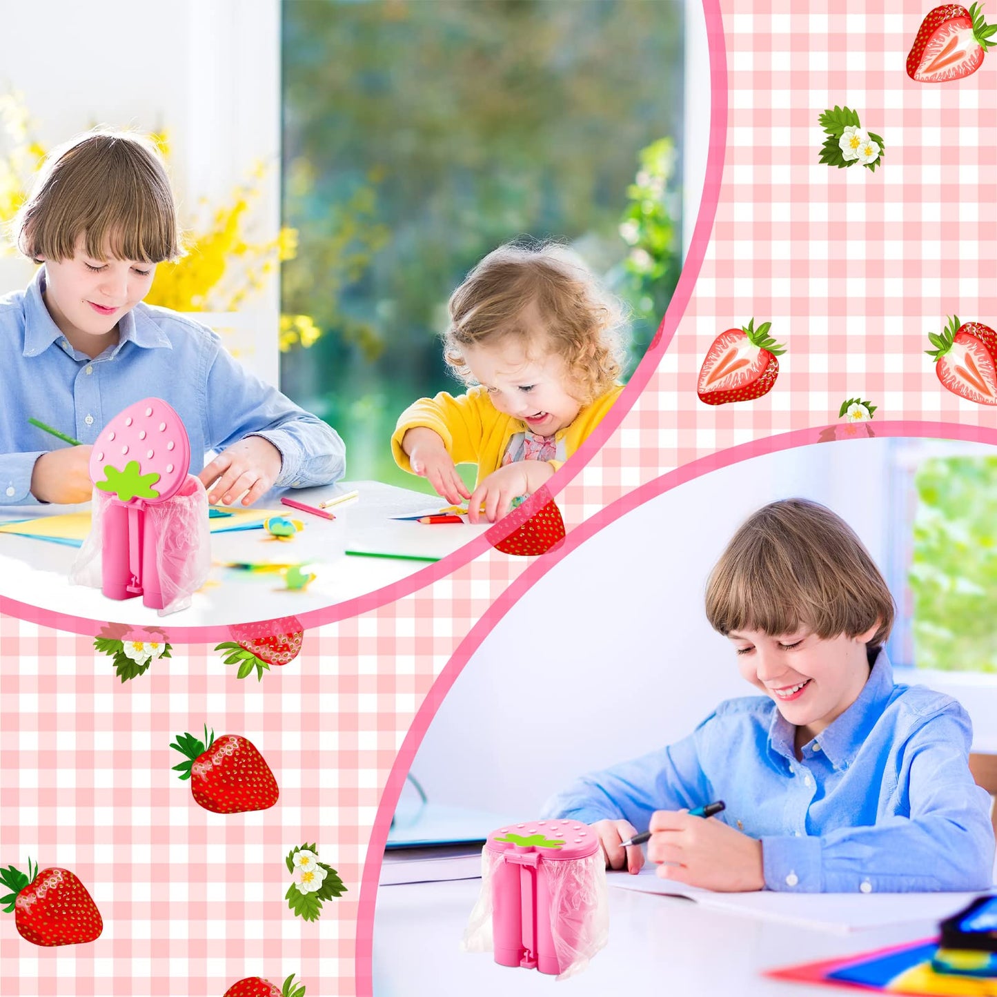 3 Pcs Strawberry Trash Can with 100 Pieces of Trash Bags 4 x 3.5 inch Cute Mini Pop up Trash Can Pink Desktop Garbage Can Strawberry Countertop Wastebasket for Desk Bathroom Bedroom Kitchen Office