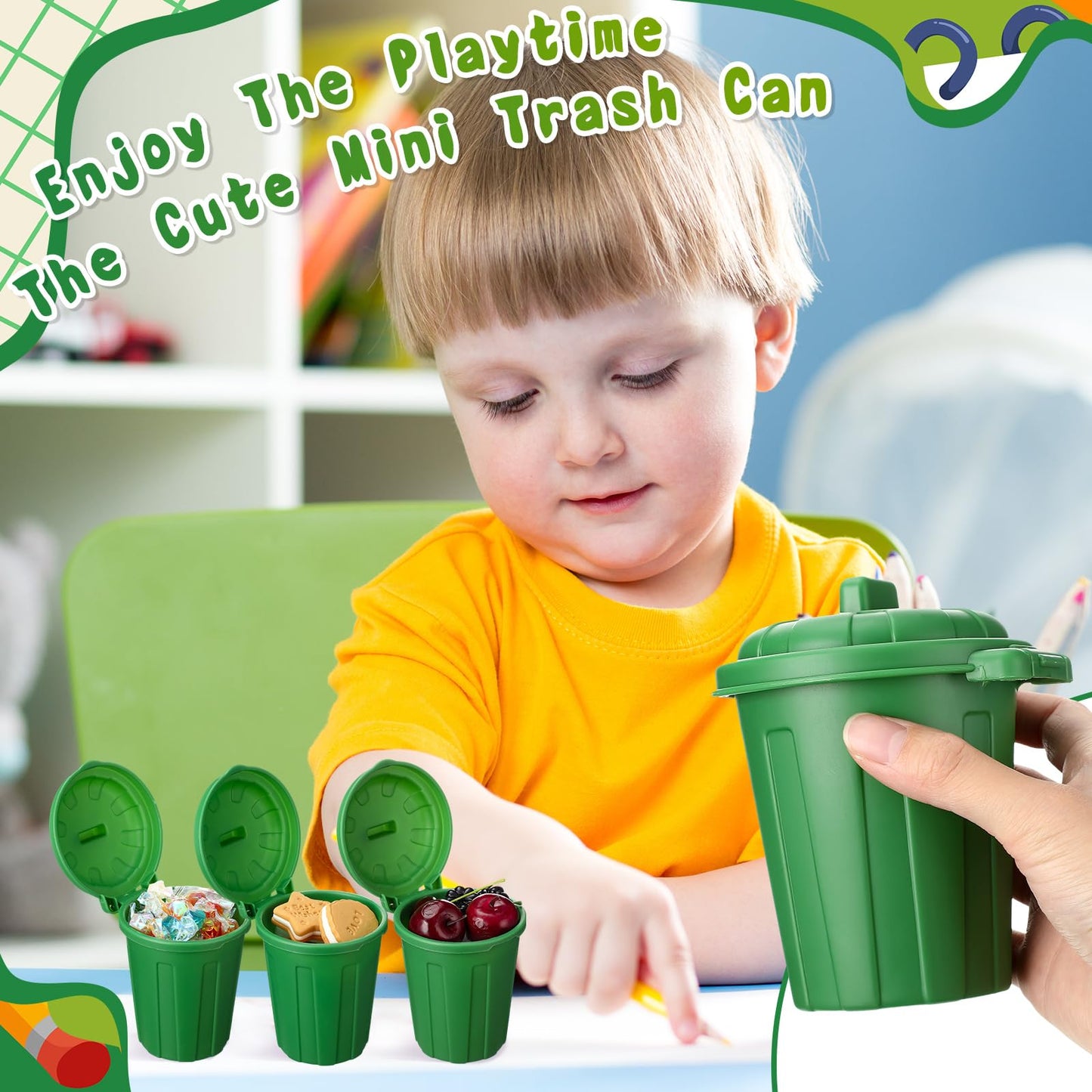 Zubebe 24 Pcs Green Mini Trash Can Mini Toy Garbage Can Small Desktop Storage Bin with Lids for Trash Party Favor Garbage Truck Birthday Decoration Party Supplies Home School Classroom