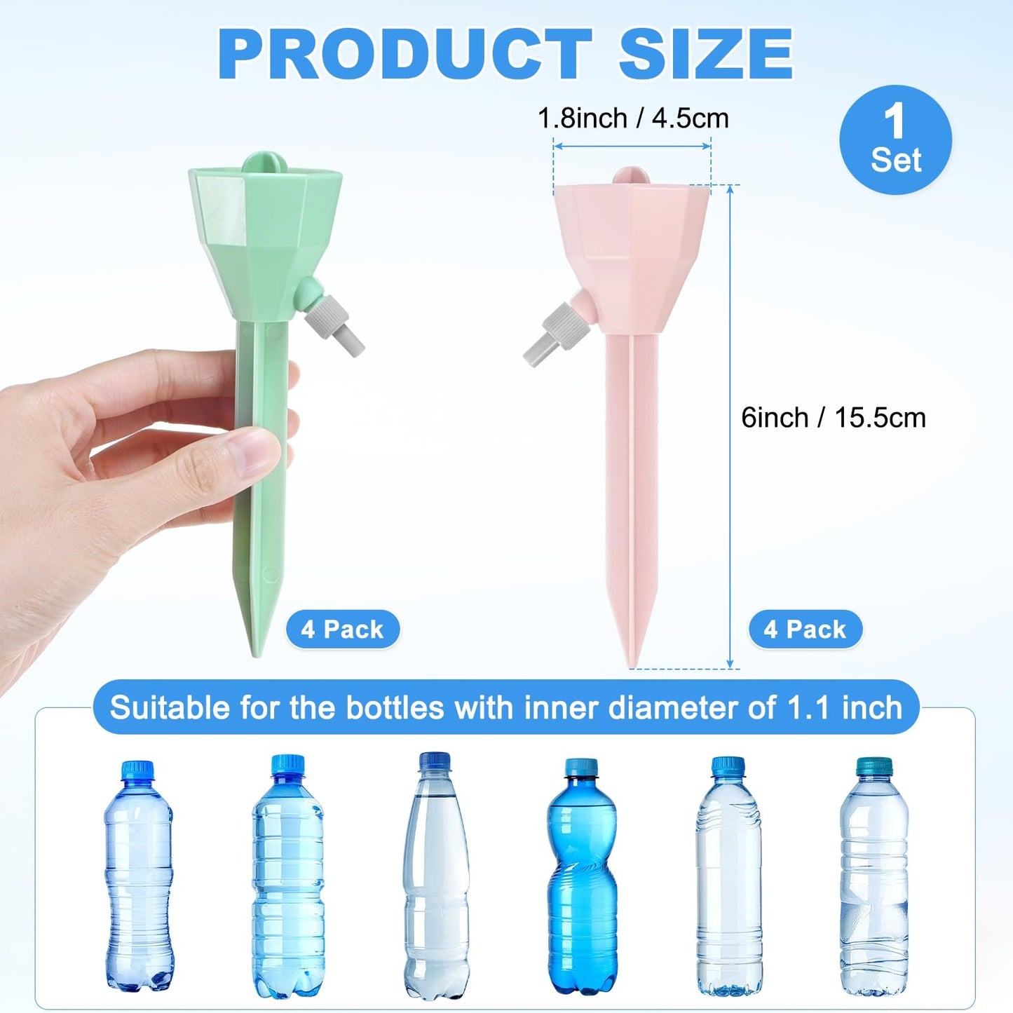 M METERXITY 8-Pack Self Watering Spikes for Plants, 5.3 Inch Plastic Plant Watering Devices with 8 Stoppers for Indoor/Outdoor Pots, Garden Water Planter System [Pink/Green]