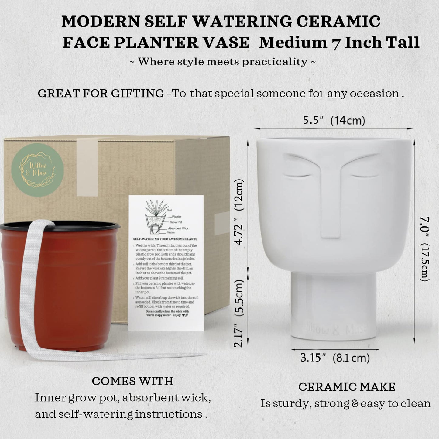 Planters for Indoor Plants - Tall 7 Inch Ceramic Self Watering Pots Matte White Plant Pot with Drainage & Inner Pot Face Vase Or Head Planter Unique Face Pots for Plants. Medium 5.5 Inch Wide