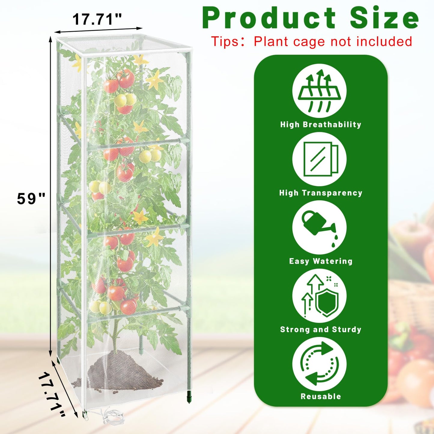 Cyrico Bird Netting Plant Cover for Tomato Cage, 3 Pcs Garden Mesh Cover with Zipper and Drawstring, Insect, Bird & Small Animal Protection Net for Vegetables, Fruits and Flowers, 59" x 17.7"