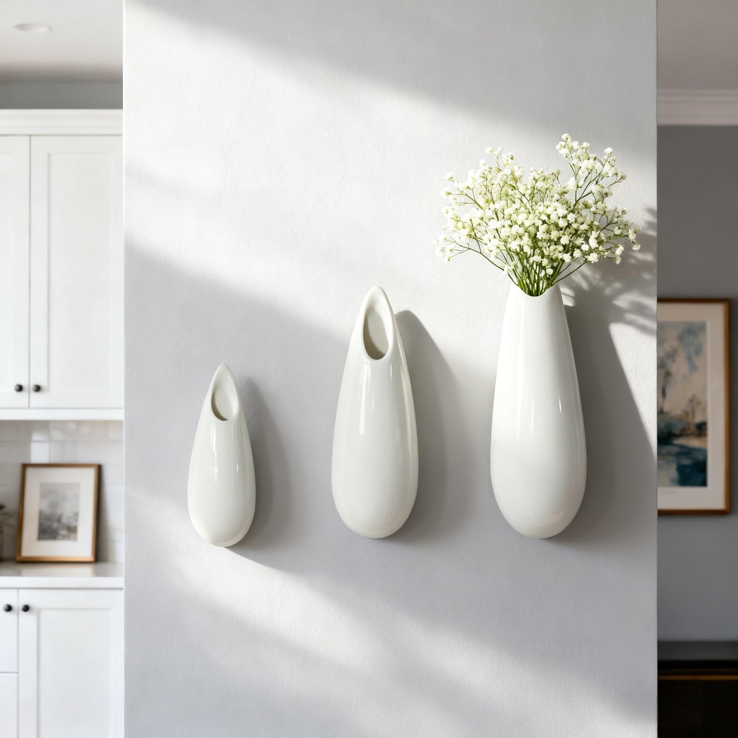 3 Pack White Ceramic Wall Vases,11.8+7.9+5.9 Inch White Vases, Cubicle Modern Decor Plant Holder Vase for Indoor Plants,Air Plants Holders,Office Minimalist Wall Decor