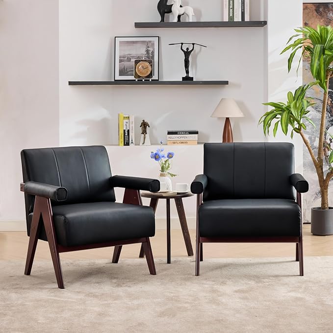 STHOUYN Black Leather Accent Chairs Set of 2, Mid Century Modern Accent Chair
