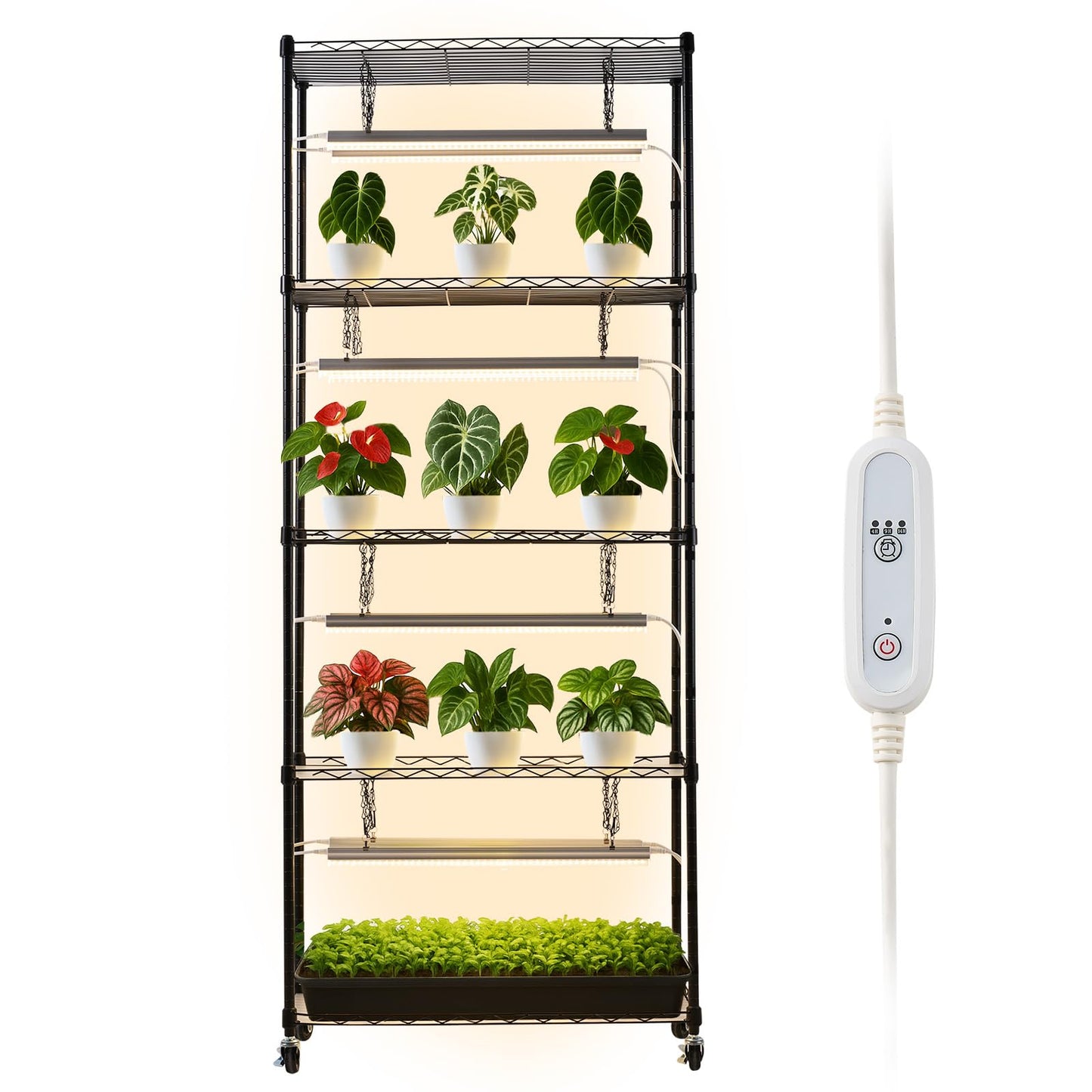 VEVOR Plant Shelf with Grow Light, 6-Tier Indoor Plant Stand, 71 in Tall Plants Display Rack with Wheels & 4/9/14H Timer, 80W T5 LED Full Spectrum Grow Lights, Flower Pot Holder for Seed Starting