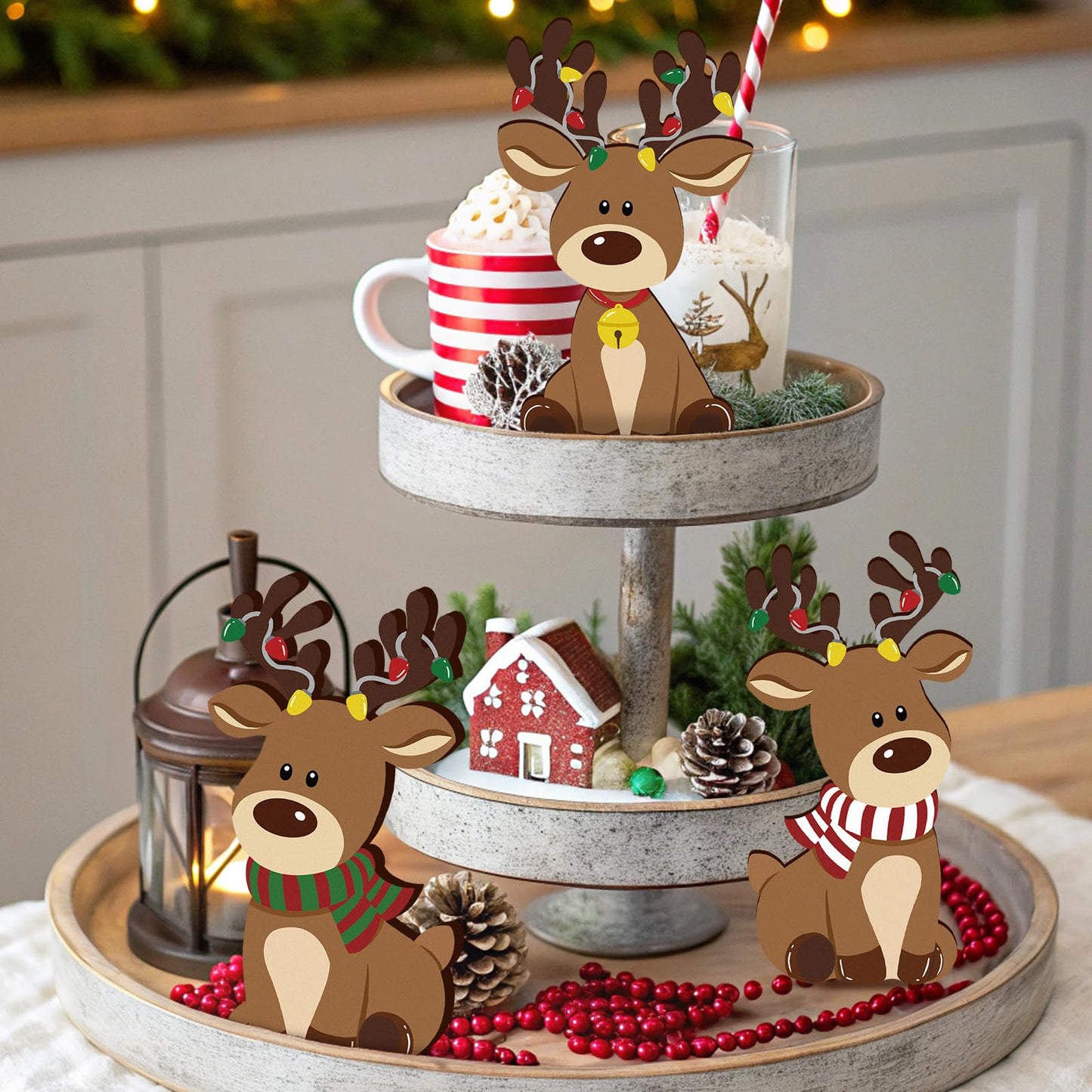 FYSUIMU 3 Pcs Christmas Wooden Signs Xmas Reindeer Wood Tabletop Signs Elk Desktop Centerpieces for Farmhouse Home Tiered Tray Shelf Cabinet Table Decor