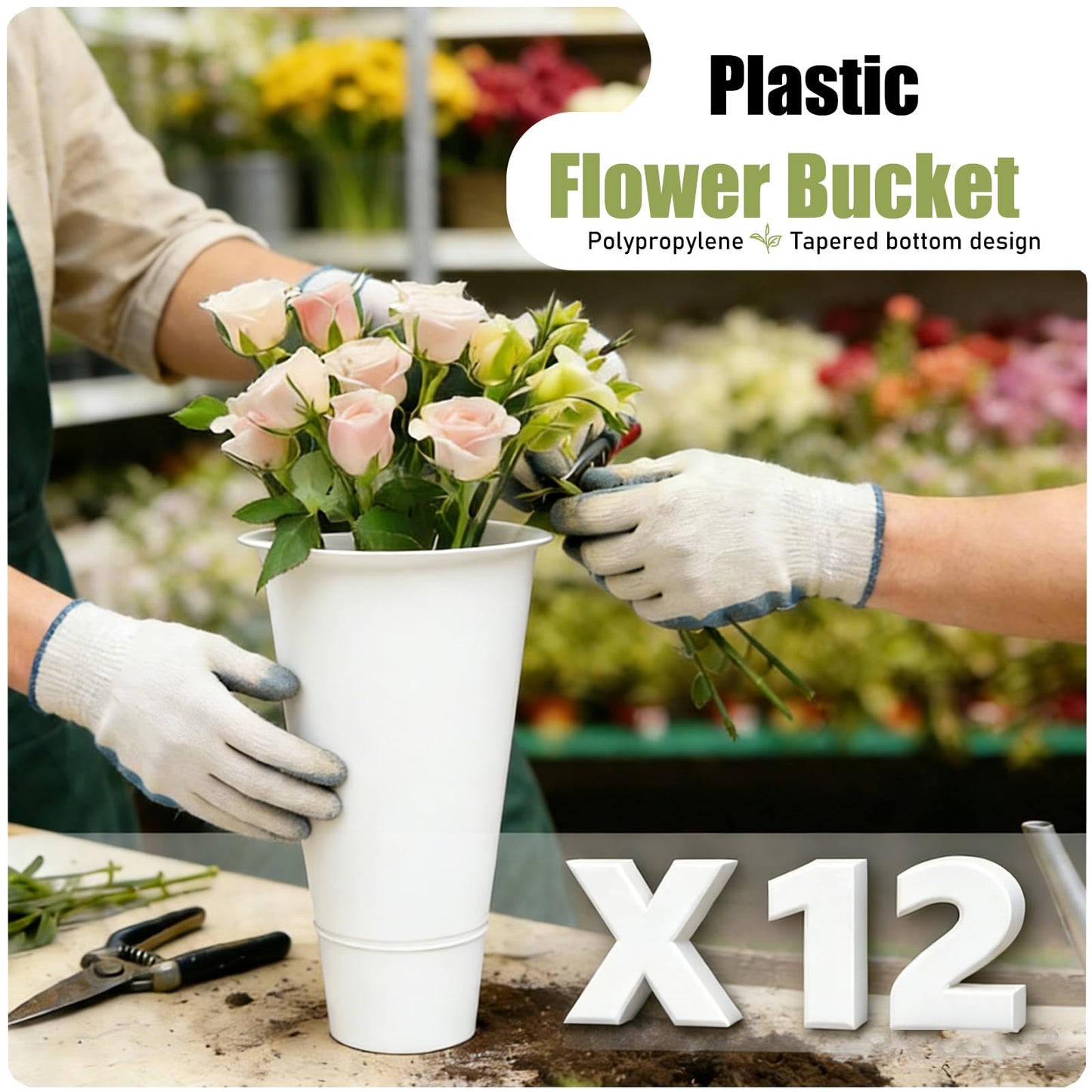 Flower Display Stands With Buckets, With 12pcs Buckets, 3-Tier Rolling Flower Bar,Heavy Duty Metal Flower Cart,For Indoor/Outdoor Use, Wedding Decor & Florist Displays (A - White frame, white bucket)