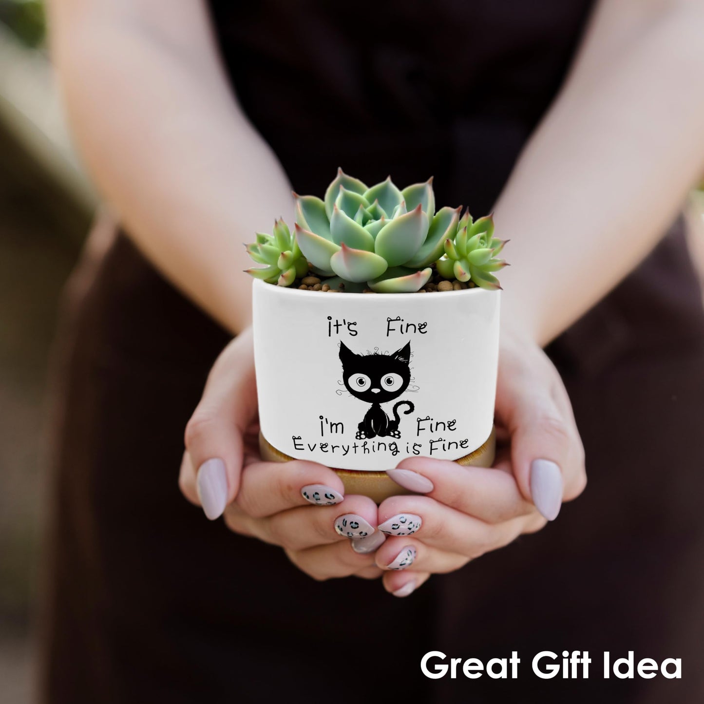 ROXMART Funny Office Black Cat Plant Pots, Cat Lover Gifts Succulent Planters, It's Fine Everything is Fine Sarcastic Ceramic Plant Flower Pots for Home Office Desk Table Shelf(No Plants)