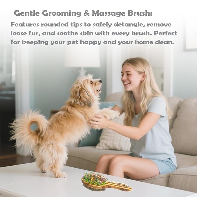2-in-1 Double Sided Dog Brush for Shedding - Cat Brush with Real Boar Bristle & Pins, Bamboo Handle Pet Grooming Brush for Long and Short Hair, Removes Loose Fur, Tangles, Dead Undercoat and Dirt