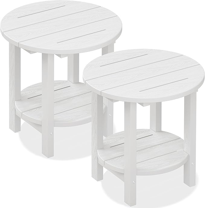 SERWALL Round Outdoor Side Table Set of 2, HDPE Small Adirondack Double End