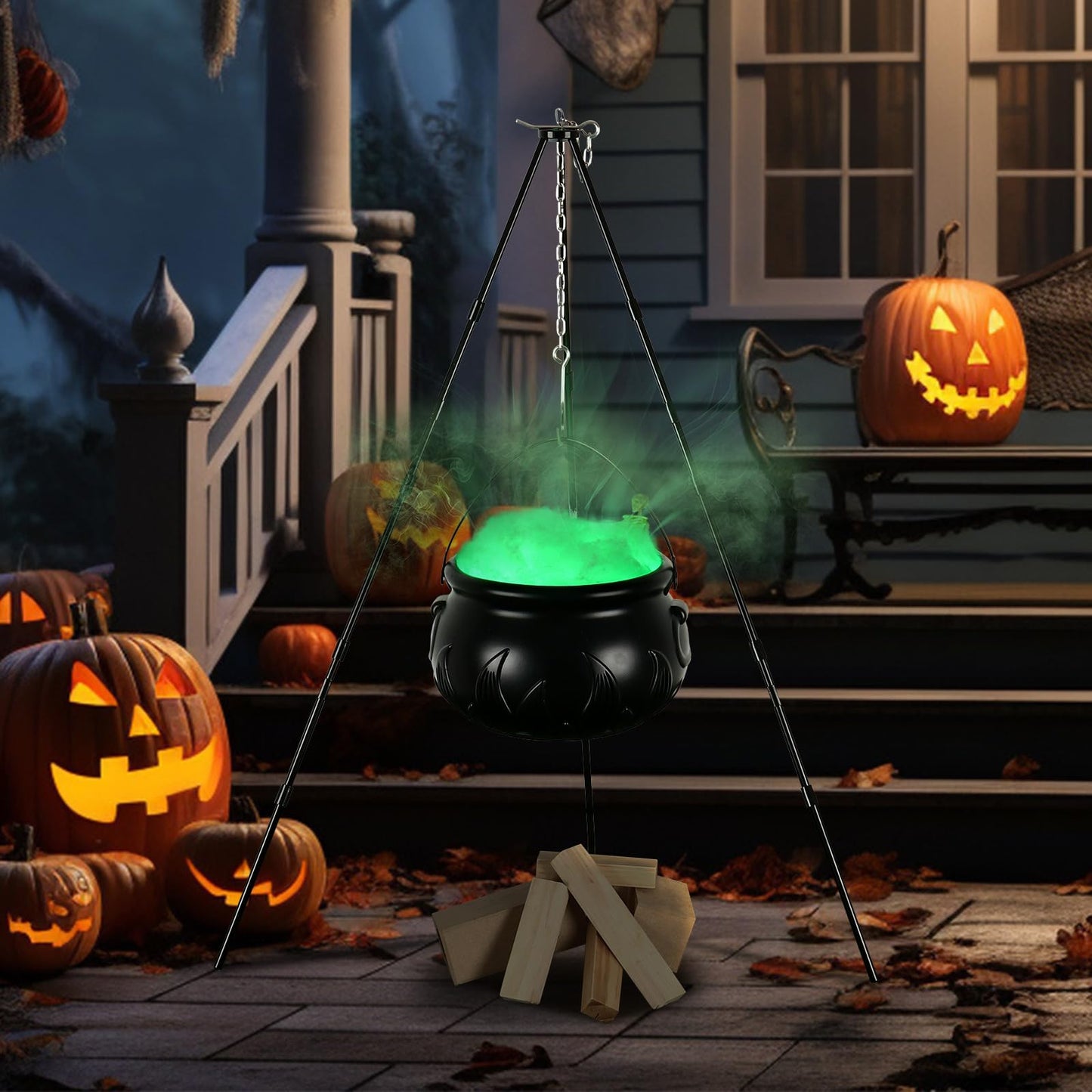 KOYILTD Halloween Outdoor Hocus Pocus Candy Cauldron Witches Cauldron on Tripod with Lights Garden Decor Halloween Candy Bowl Spooky Poison Soup Pot Decor for Home Porch (Green, Large)