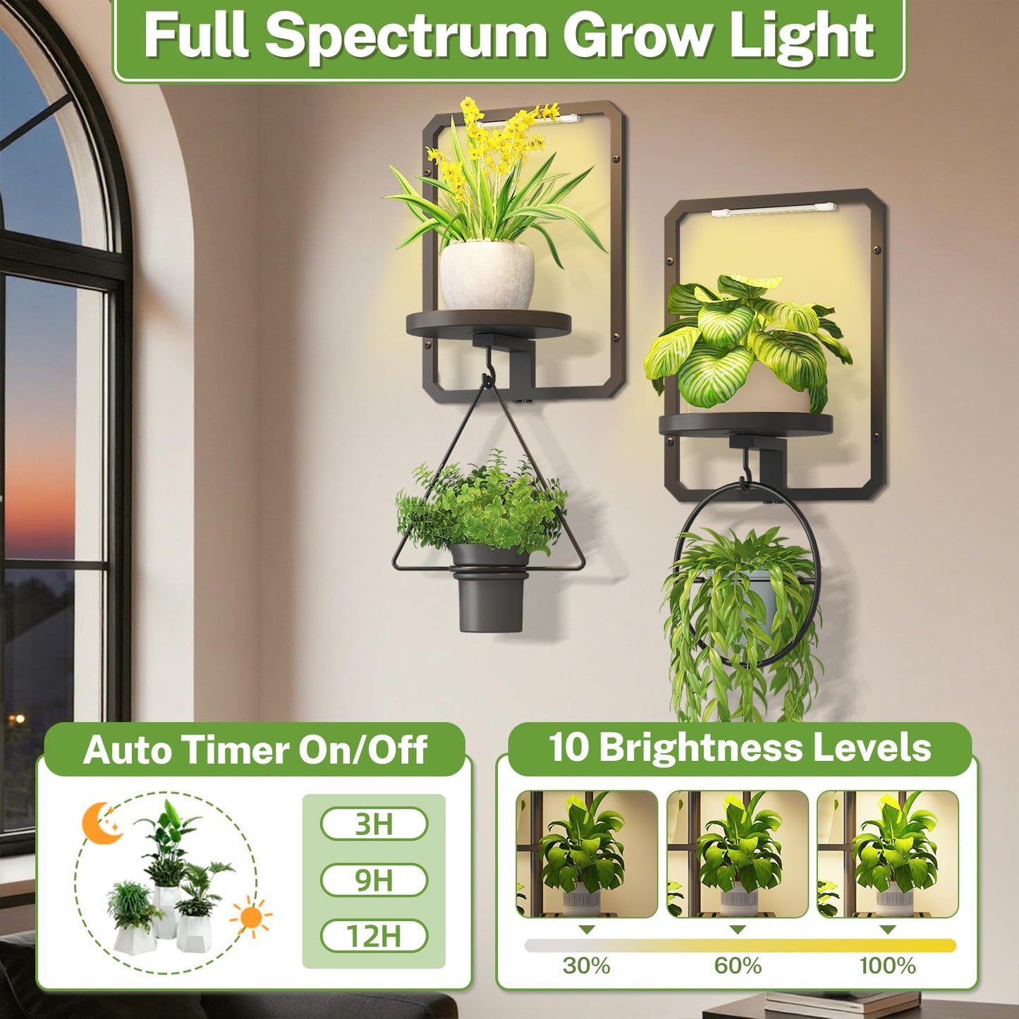 iDavosic.ly Wall Plant Picture Frame Holder Set of 2 with 2 Grow Light for Indoor, Metal Stand with Hanging Hooks, Space Saving Floating Flower Display Decor (Pots/Chains/Plants Not Included)