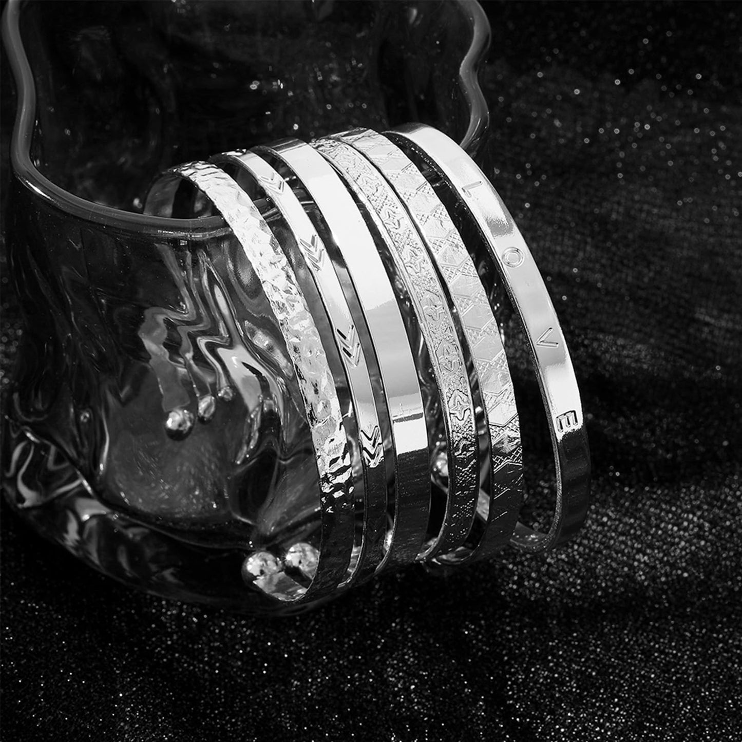 IFKM Silver Bangles Bracelets For Women, Silver Plated Multi Layer Stackable Cuff Bracelet Set, Trendy Elegance Charms Non Tarnish Minimalist Textured Boho Jewelry Gift for Women