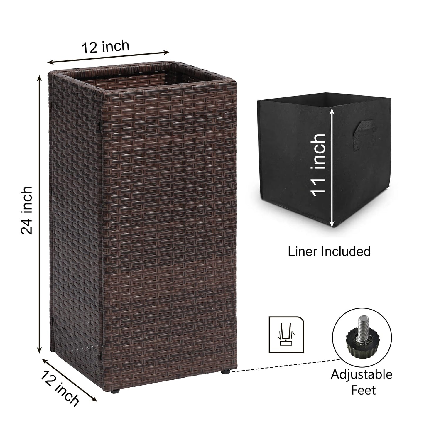 SUNNYPARK 2 Pack Tall Planters for Outdoor Plants Rattan Modern Tall Square Planter Box with Removable Liners Indoor Outdoor Porch Patio Flower Pot (12’’ x 12’’ x 24’’)