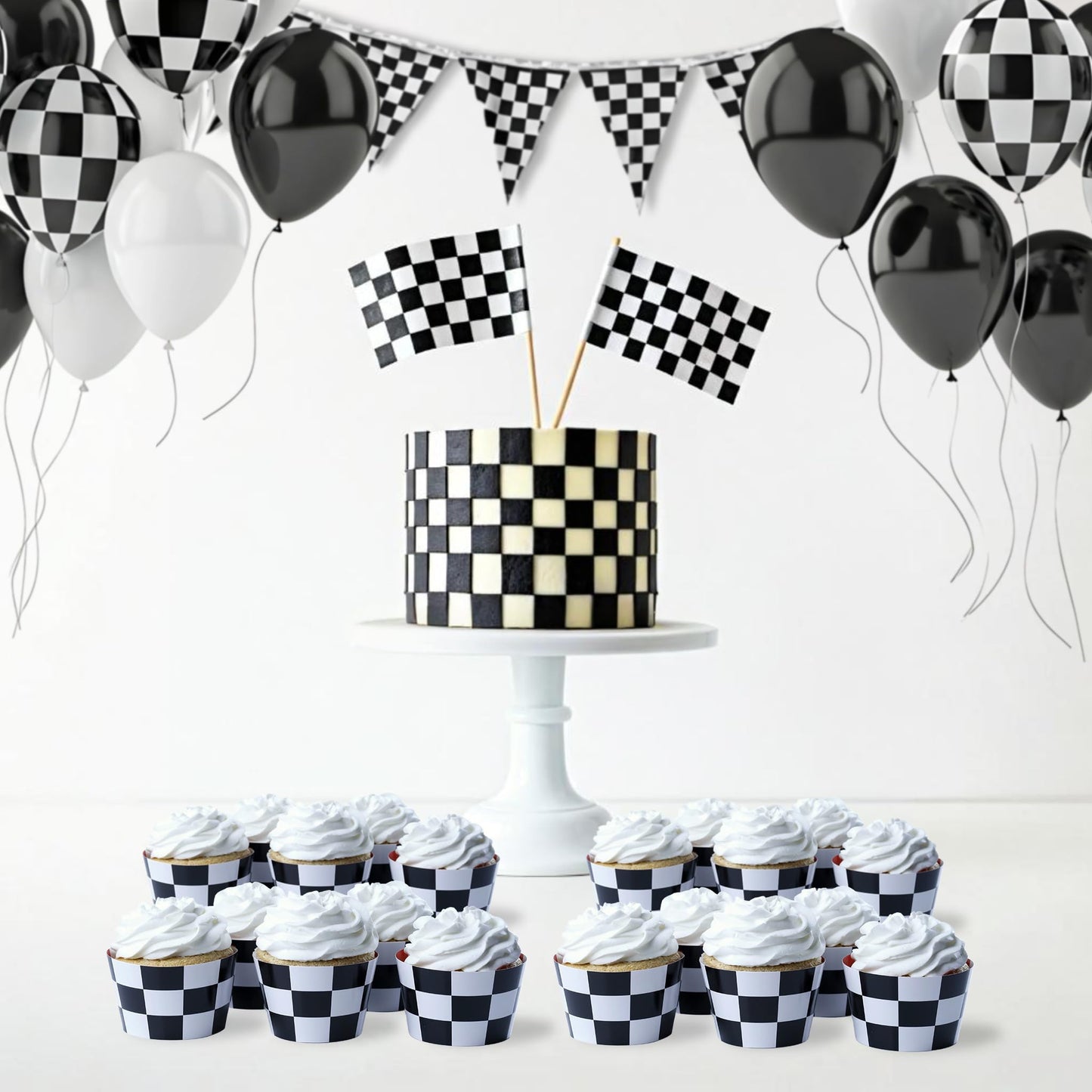 Race-Themed Checkered Cupcake Wrappers, Set of 42 - Red Checkered and Black and White Checker Pattern Cupcake Wrappers for Race Car Party Supplies by Pretty Cute Studios