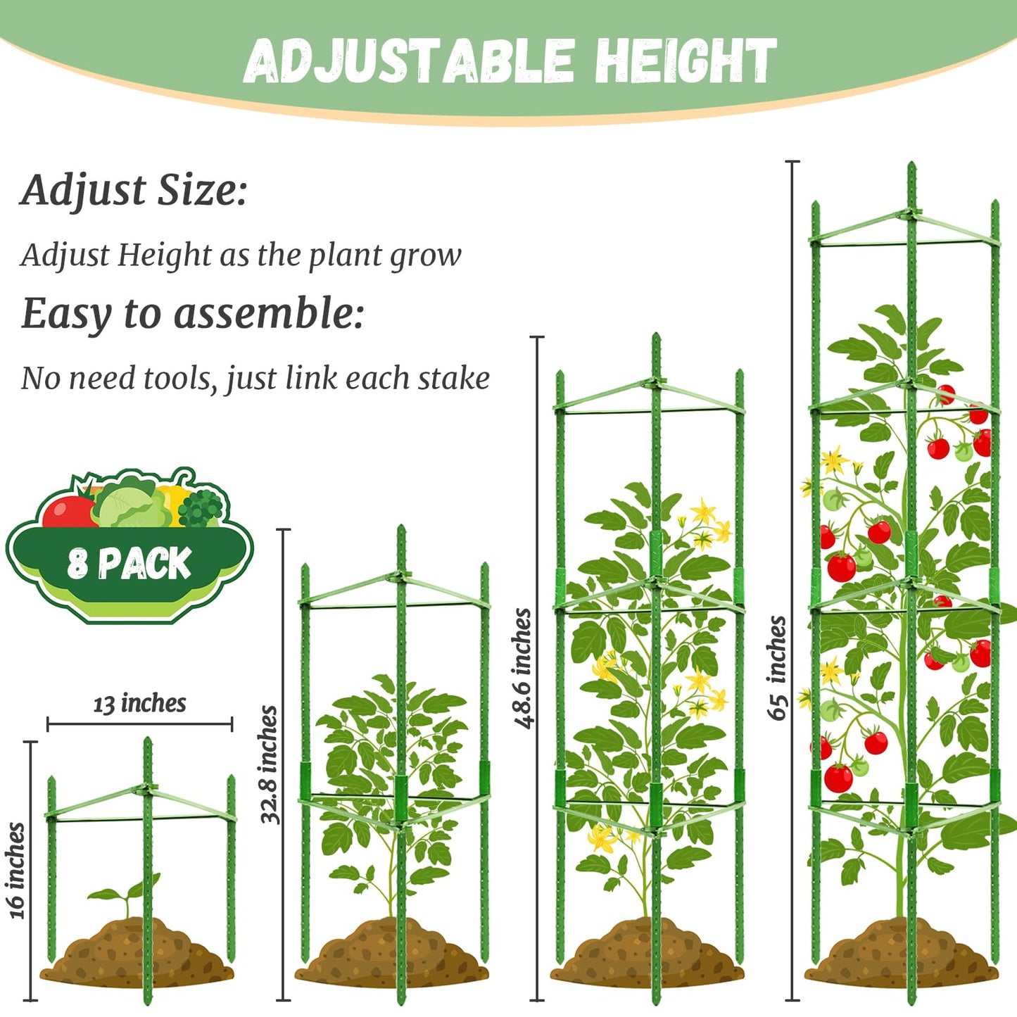 Legigo 8-Pack Tomato Cage for Garden Plant Support- Up to 48inch Garden Stakes Tomato Cage, Tomato Trellis for Potted Plants, Tomato Cages Plant Stakes for Climbing Vegetables Plants Flowers