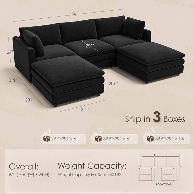 97" Cloud Couches for Living Room, 29.1" Deep Seat Modular Sectional Sofa