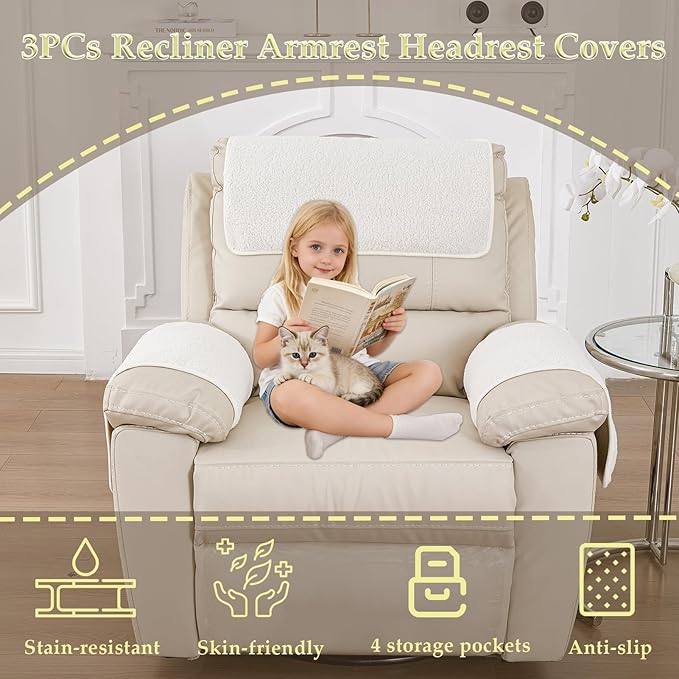 Armrest Covers - Arm Chair Covers Set of 3 Recliner Chair Covers,