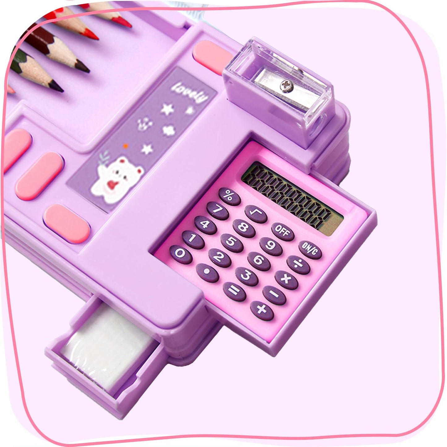 LilyBeauty Multifunction Pencil Case with Calculator, Pencil Sharpener and Curriculum, Multiple Cute Patterns, Suitable for Elementary School Girls, Boys, Great Gifts for Kids (Purple)