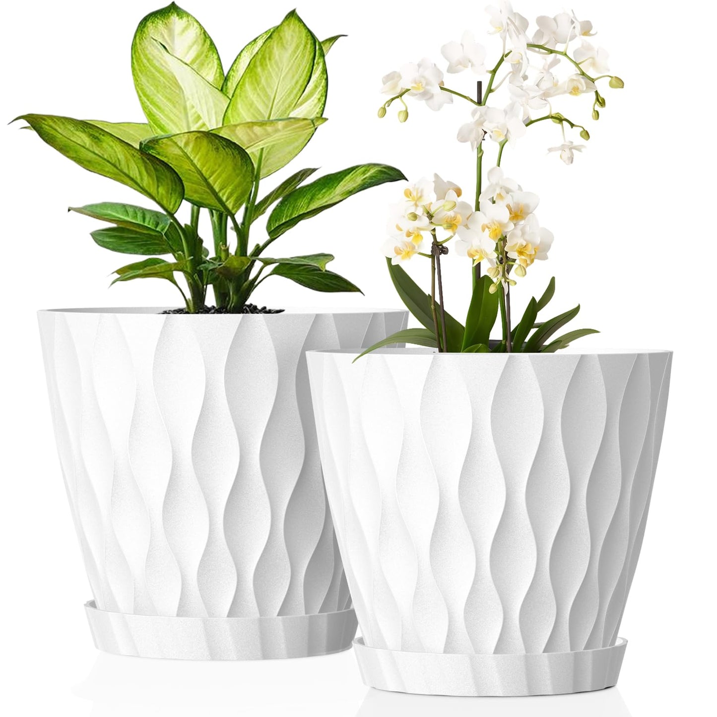 UOUZ 8 Inch Plant Pots, 2 Pack Plastic Planters for Indoor Outdoor with Drainage Holes & Saucers, Waffle Texture Flower Pots for Indoor Plants, Indoor Plant Pots for Monstera, Fiddle Leaf Fig, White