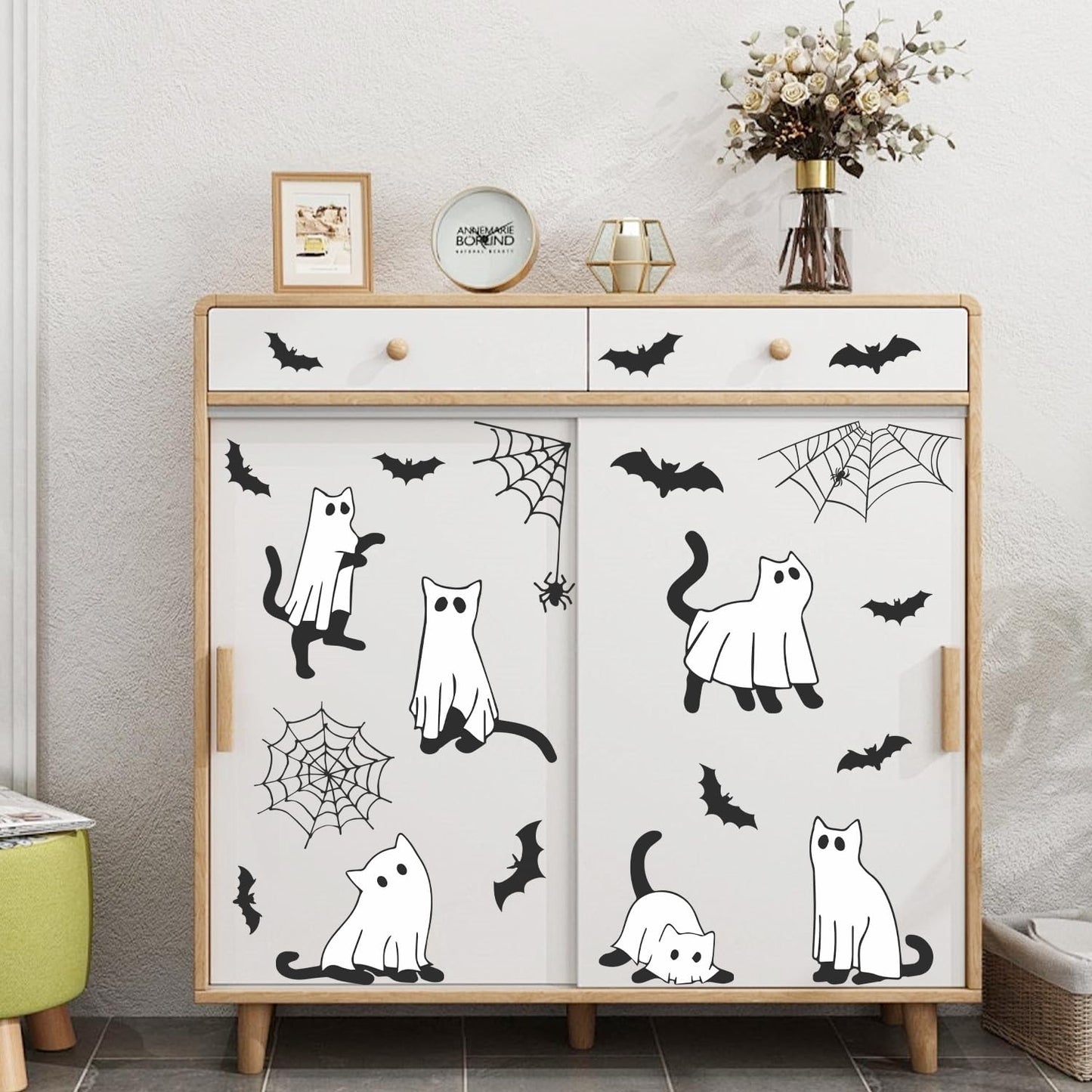 IARTTOP Happy Halloween Window Clings Sticker (100x30cm) Ghost Boo Wall Decals Spider Web Bat Window Stickers Halloween Black Cats Double Sided Decals for Glass Party Home Decoration