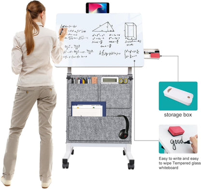 KOUPA Adjustable Height Standing Desk, Writable Tempered Glass Desktop with Eraser, 360° Flip, Wheels and Bag– Ideal for Small Spaces and Home Offices, 24 in, White(Adjustable Height: 32-47 in)