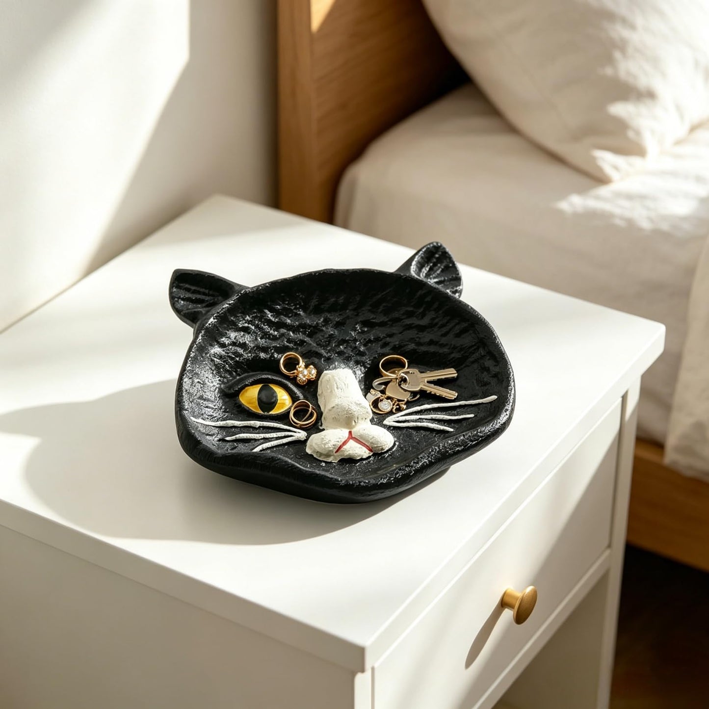 Womeet Black Cat Face Cast Iron Trinket Dish, Gothic Kitten Jewelry Tray, Small Decorative Cat Ring Holder for Earrings Necklings Rings, Halloween Home Decor Storage Dish for Vanity Countertop