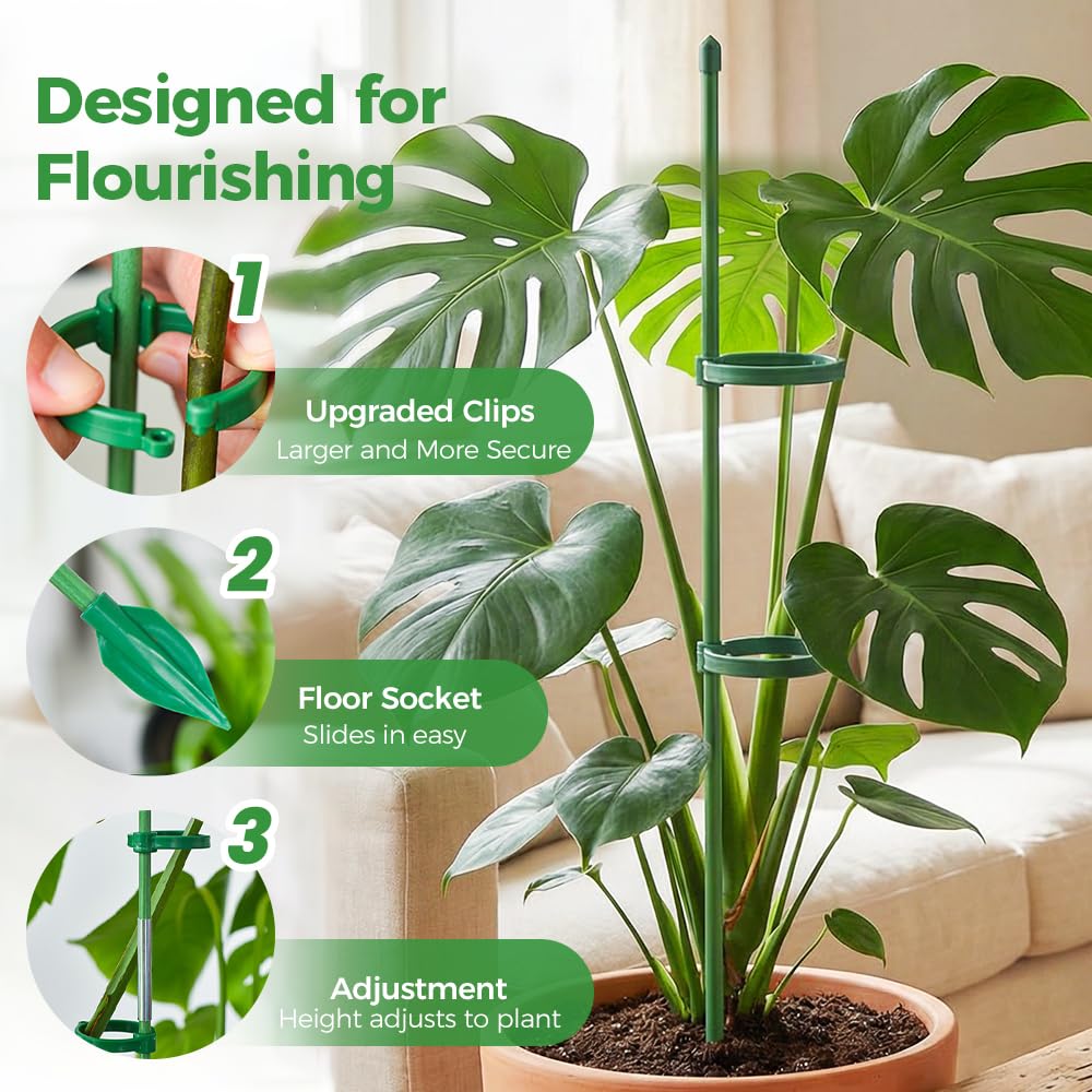 Plant Stakes for Indoor Plants, Adjustable Plant Support Sticks with Clips & Plant Ties, Indoor Outdoor Garden Poles for Monstera Tomato Orchid Rose Potted Flowers Vegetables (11 inch 5pcs)