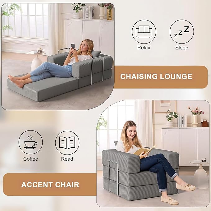 BSHOMGI 2-in-1 Floor Foldable Sofa Couch Convertible Sleeper Chaise Lounge