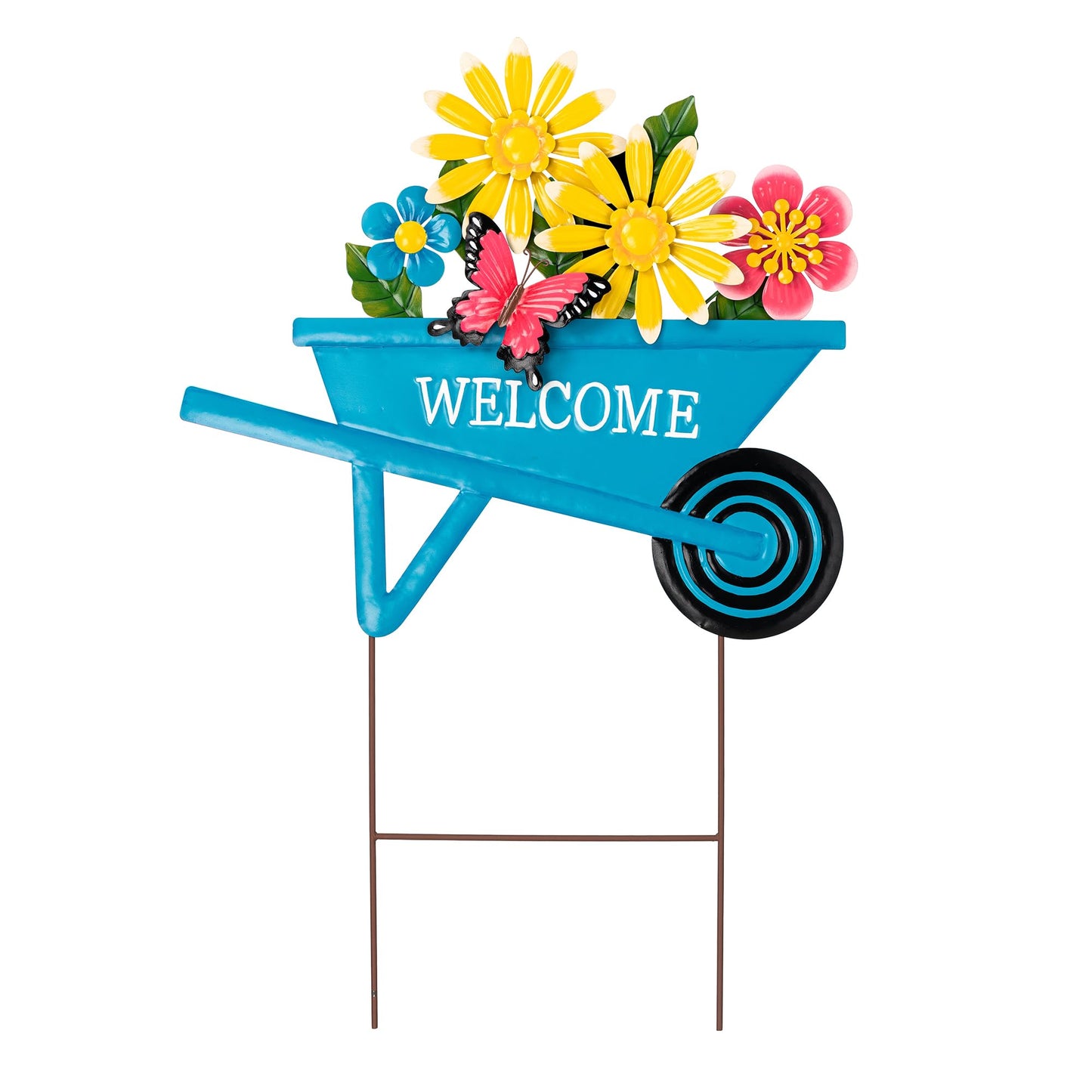 Glitzhome Cart Decorative Garden Stakes, Spring Metal Yard Decor with Lifelike Flower or Wall Decor, Flower Barrow Stake Garden Signs for Outside, 30” H
