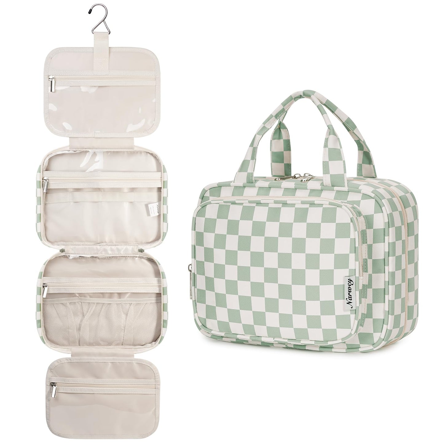 Narwey Hanging Toiletry Bag for Women Travel Checkered Makeup Bag Organizer Toiletries Bag for Travel Size Essentials Accessories Cosmetics (Mint Green Checkerboard (Medium))