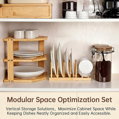 Bamboo Plate Organizer for Cabinet Set,3 Tier Corner Shelf & Vertical Plate Holder, Durable Space Saver Wooden Dish Racks for Kitchen Cabinet RV Plates,Dishes,Bowls,Spice,Lids,Bread Pantry - 1 Set