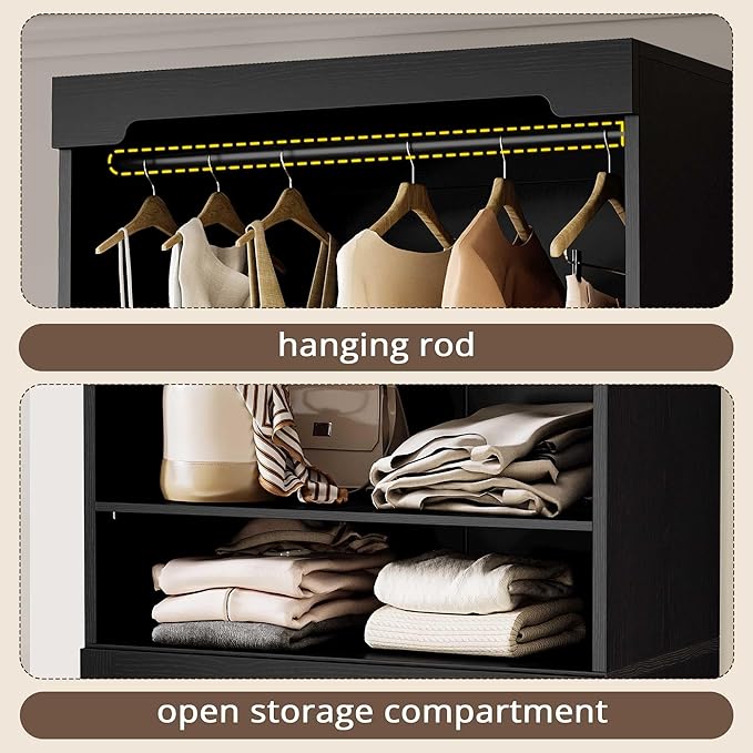IRONCK Freestanding Closet System with 3 Wood Drawers, Modern Armoire Wardrobe with Adjustable Shelves & Hanging Rod, Walk-in Closet Systems Organizer for Small Closet, Black