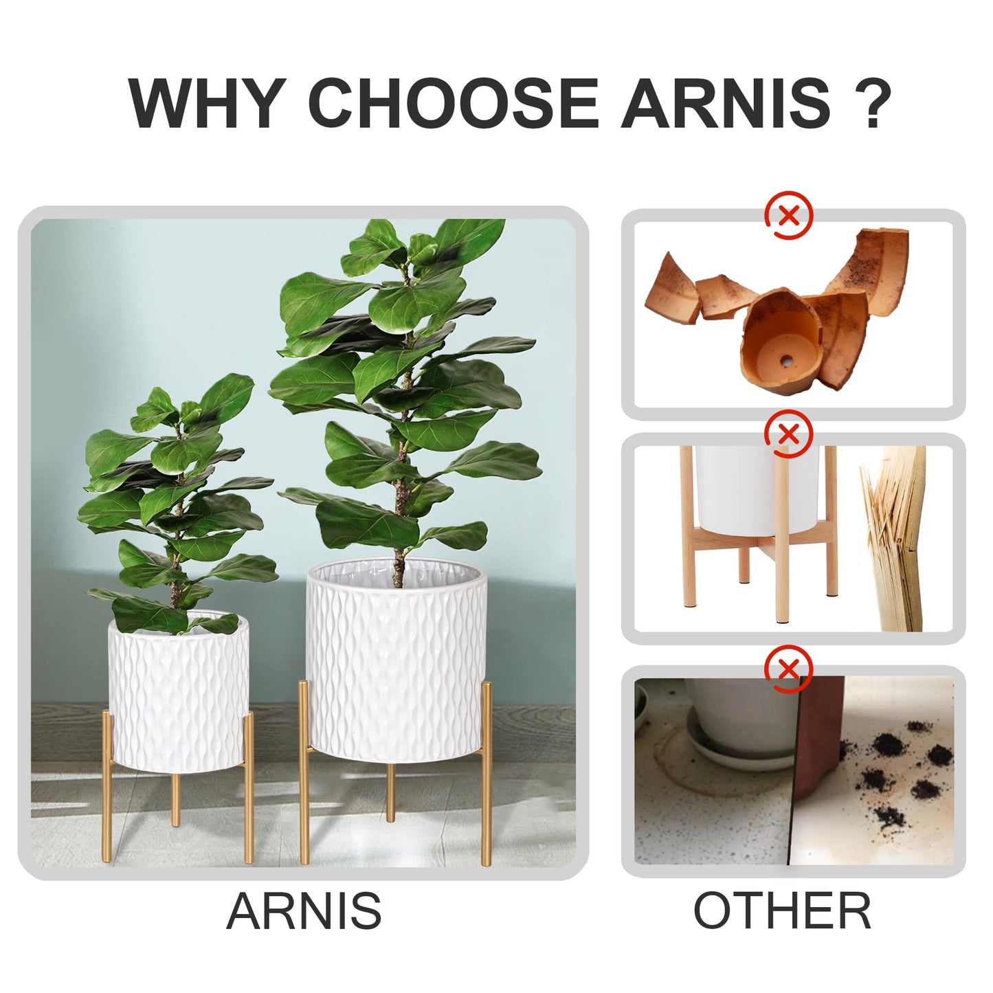 ARNIS Plants Pots with Stand, Set of 2 P lanters, Unique Mid Century Decorative Metal Flower Pots with Drainage, 8.25 & 10.5 Inch, White and Gold
