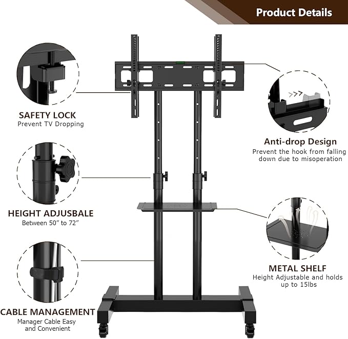 Mobile TV Stand Rolling TV Cart Floor Stand