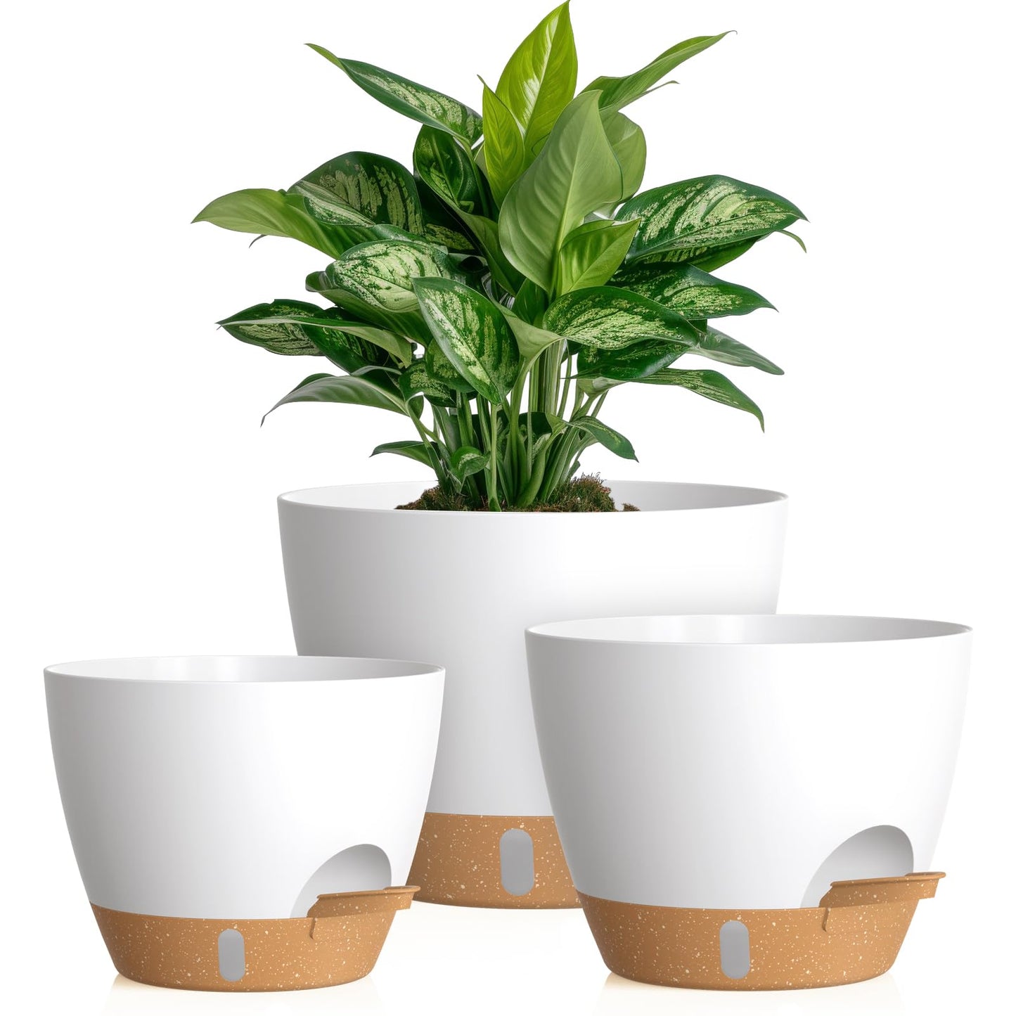KUGAZ Self Watering Pots with Drainage Holes, 3 Pack 12/10/8 Inch Plant Pots with Water Level Indicator Deep Reservoir, Large Plastic Planter for Indoor Outdoor Plants - White Brown