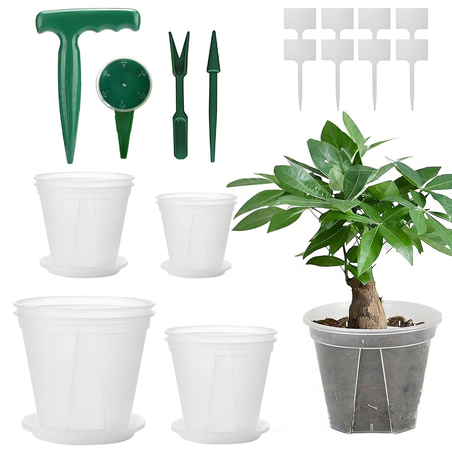 onaner 4/5/6/7 Inch Plastic Plant Pots for Plants with Drainage Holes,8 Pack Nursery Pots and Transplanting Tool Set Including Loosening Fork,Transplanting Trowel,Dibber for Indoor Outdoor Gardening