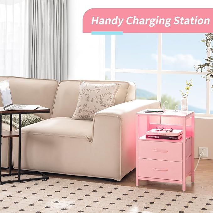 Yoobure Nightstand with Charging Station, LED Night Stand with Fabric Drawers