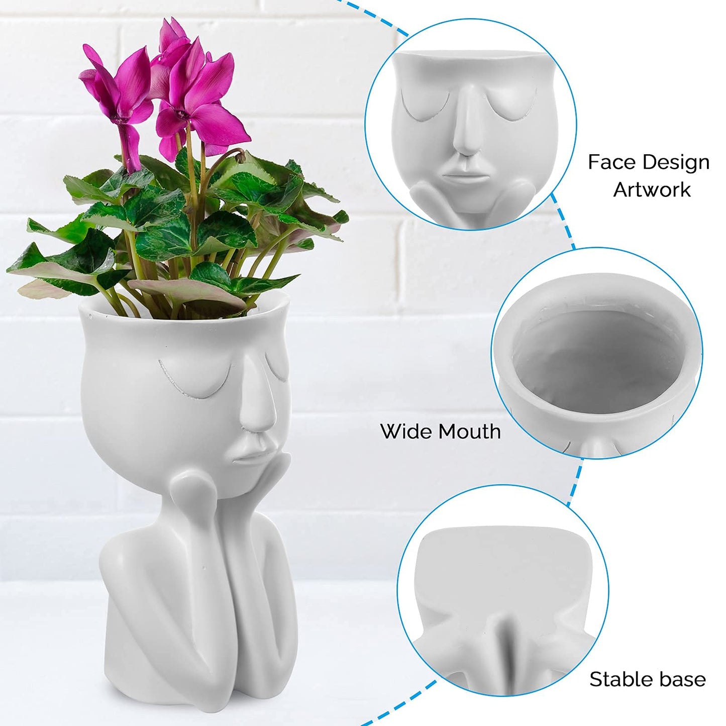 YingYi Resin Head Planter Face Flower Pot 6 inch Tiny Human Shaped Flower Vases Succulents Pots Desktop Decoration for Home Office Indoor Outdoor Gardening Ornament