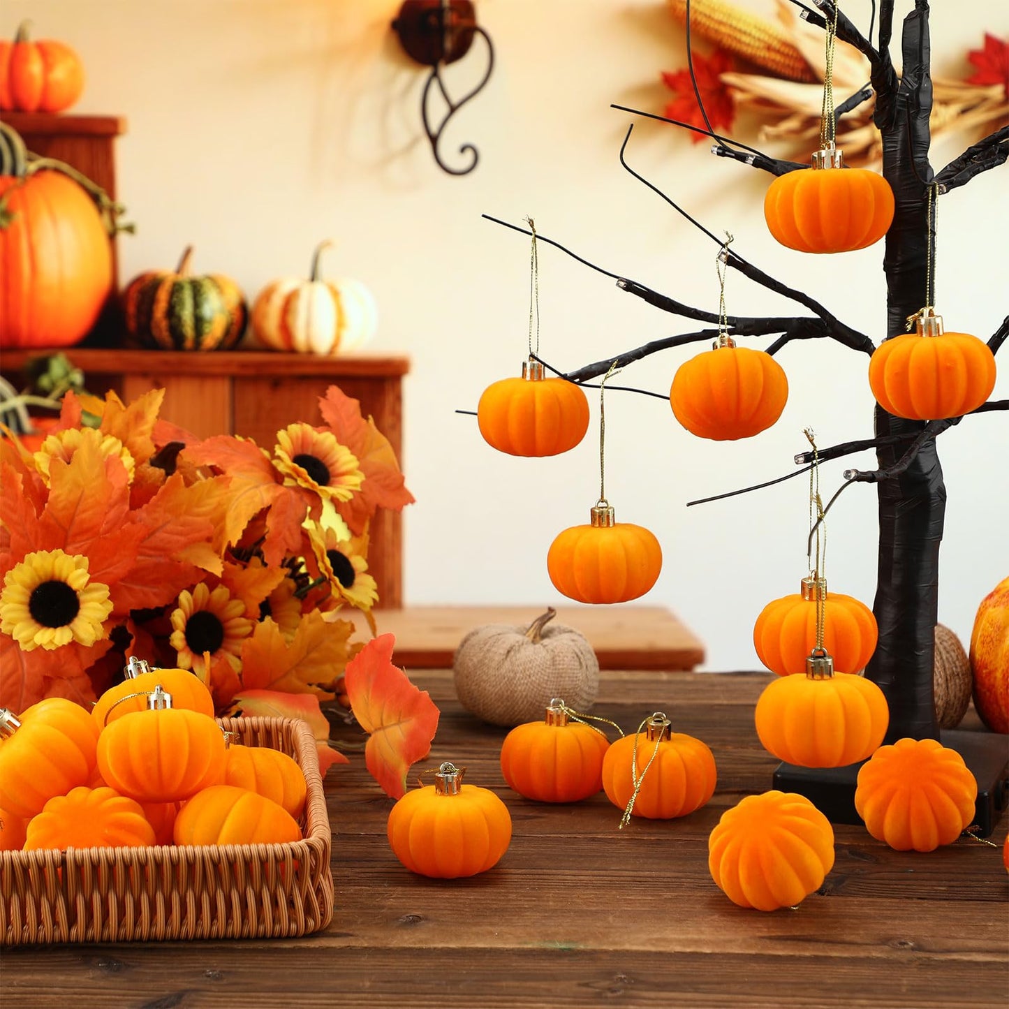Maysing 24 Pcs Thanksgiving Tree Pumpkin Hanging Ornament Mini Artificial Velvet Pumpkin Ball DIY Orange Decoration Crafts for Friendsgiving Fall Harvest Autumn Party Farmhouse Decor(Orange)